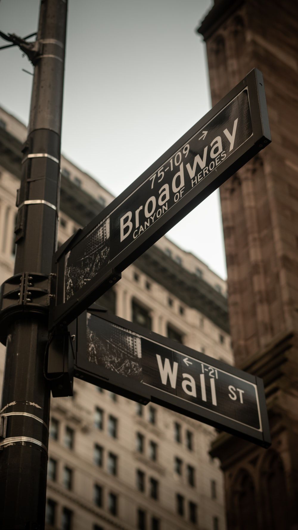 A street sign for Broadway and Wall Street in New York City. - Broadway