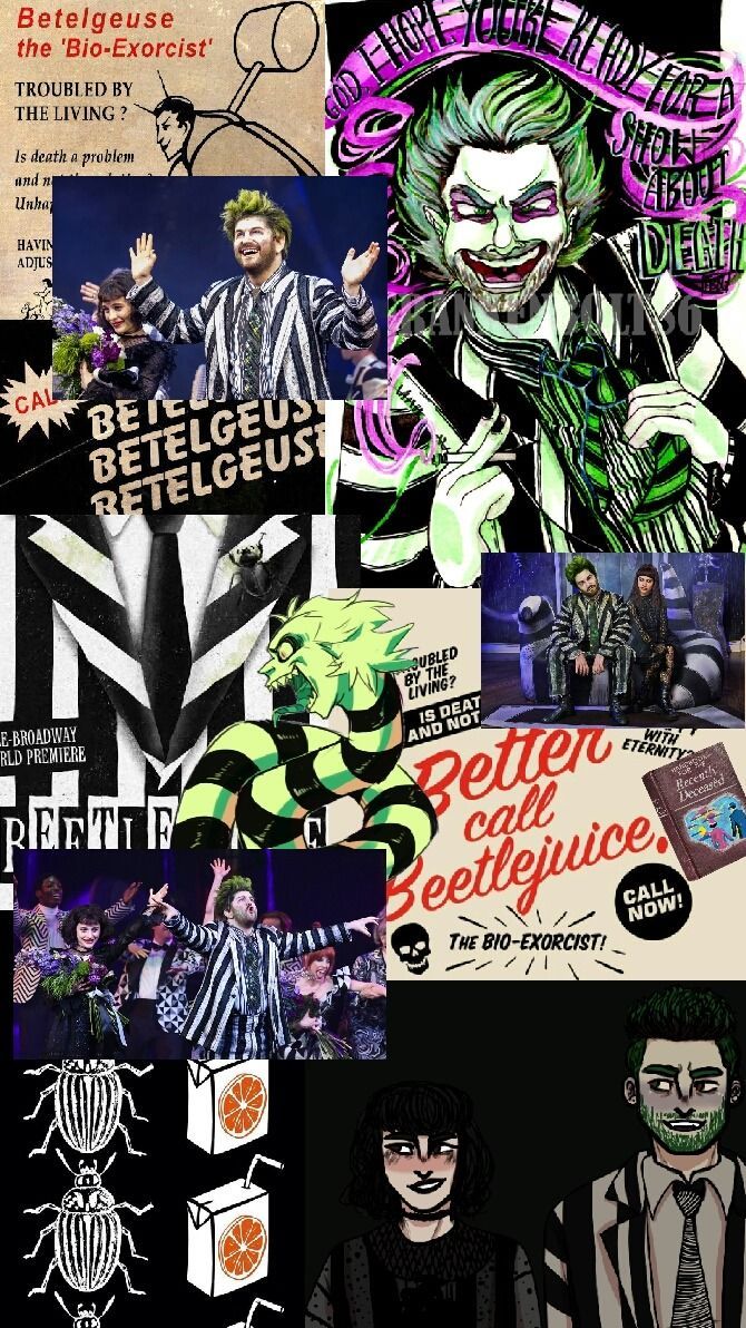 A collage of Beetlejuice images including the character and the logo - Broadway