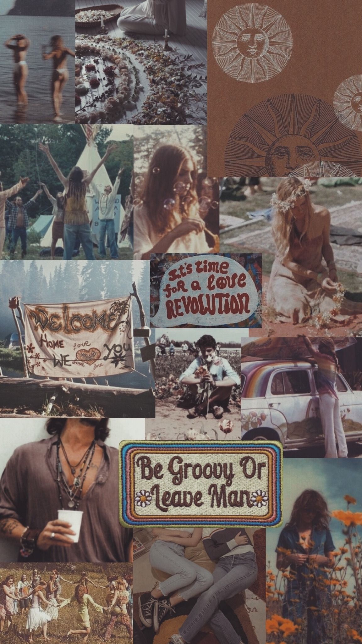 A collage of photos from the 1960s and 70s, including images of people at a concert, a sign reading 