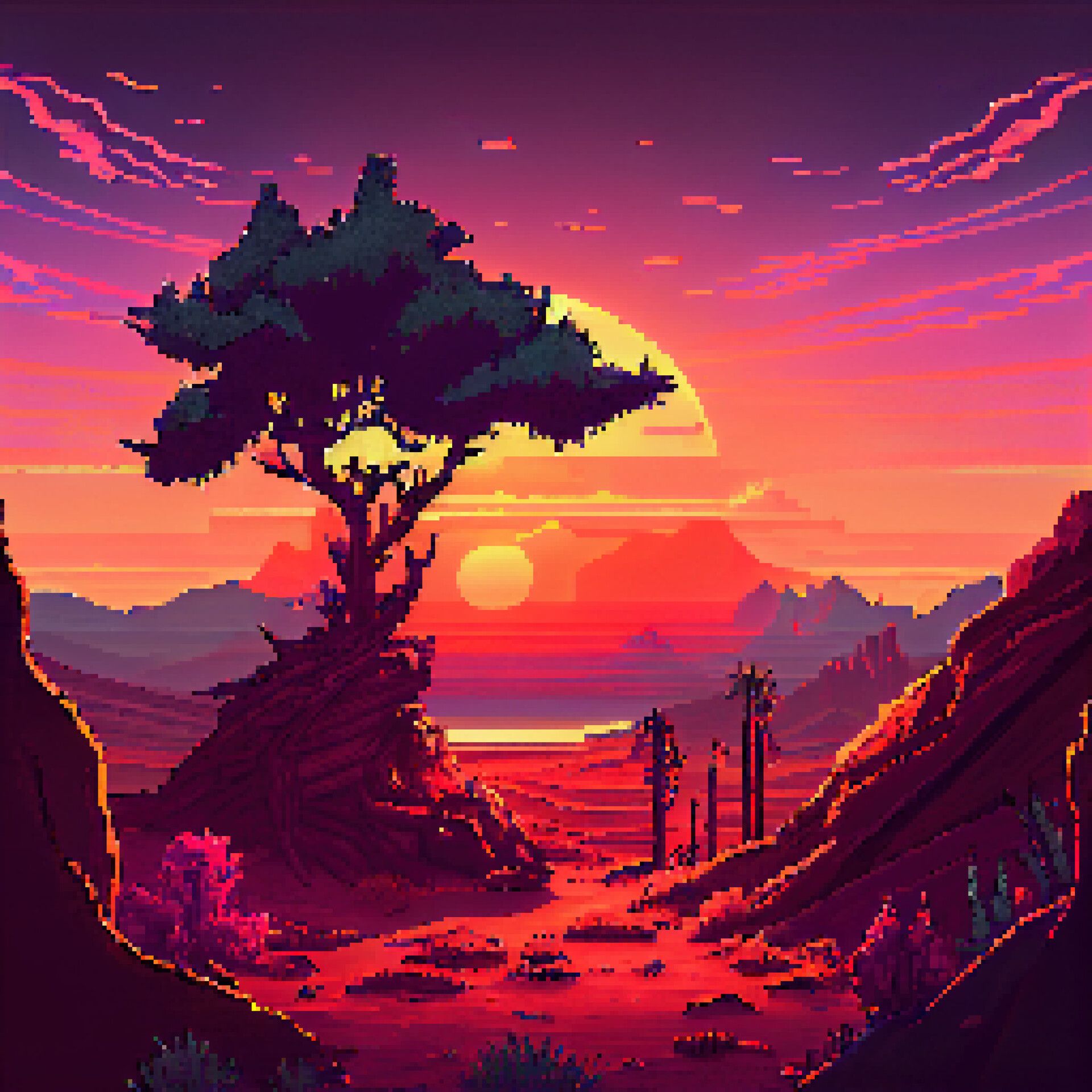 The sunset in a desert with trees and mountains - Pixel art
