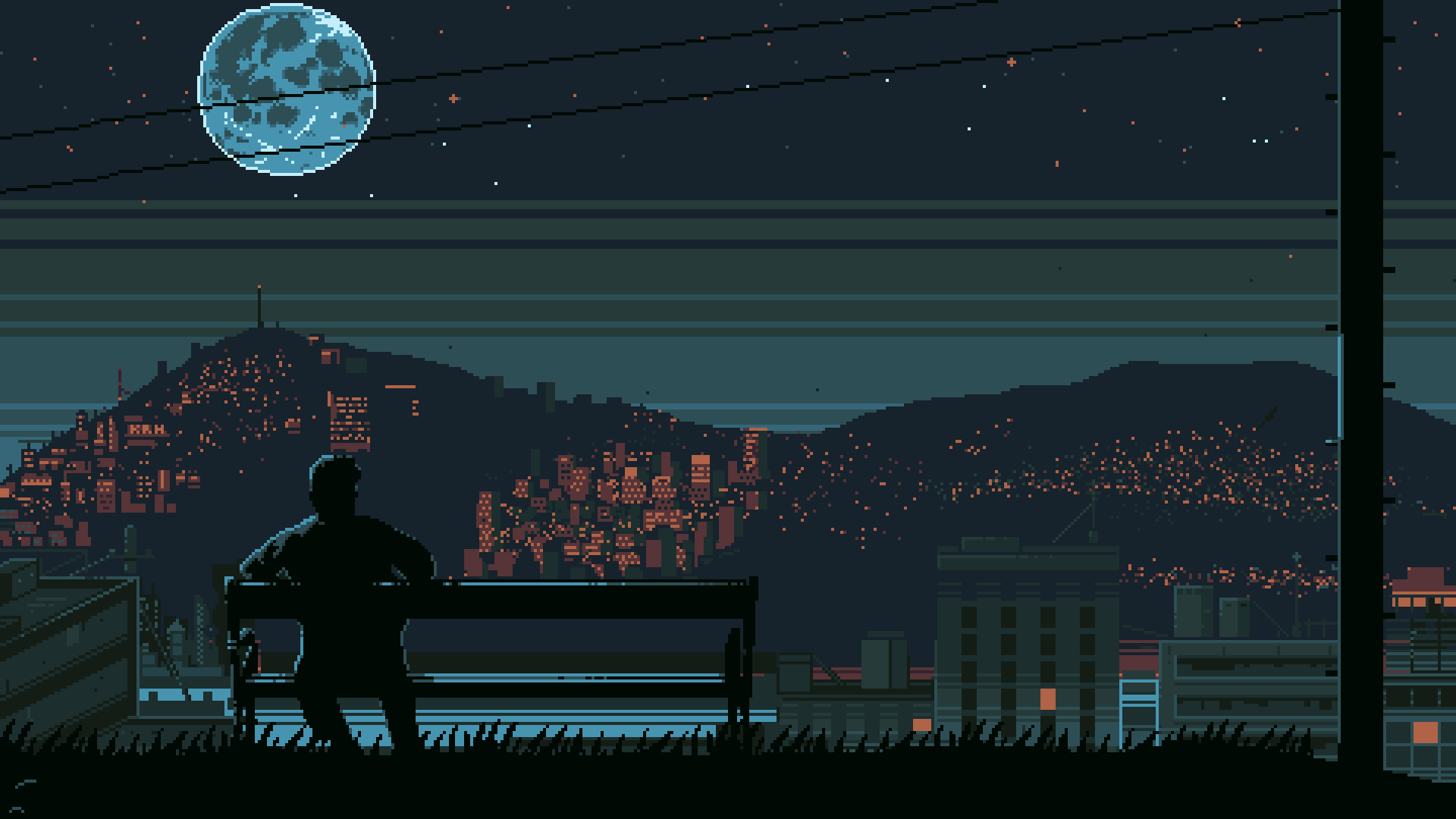 Pixel art image of a man sitting on a bench looking at a city at night - Pixel art