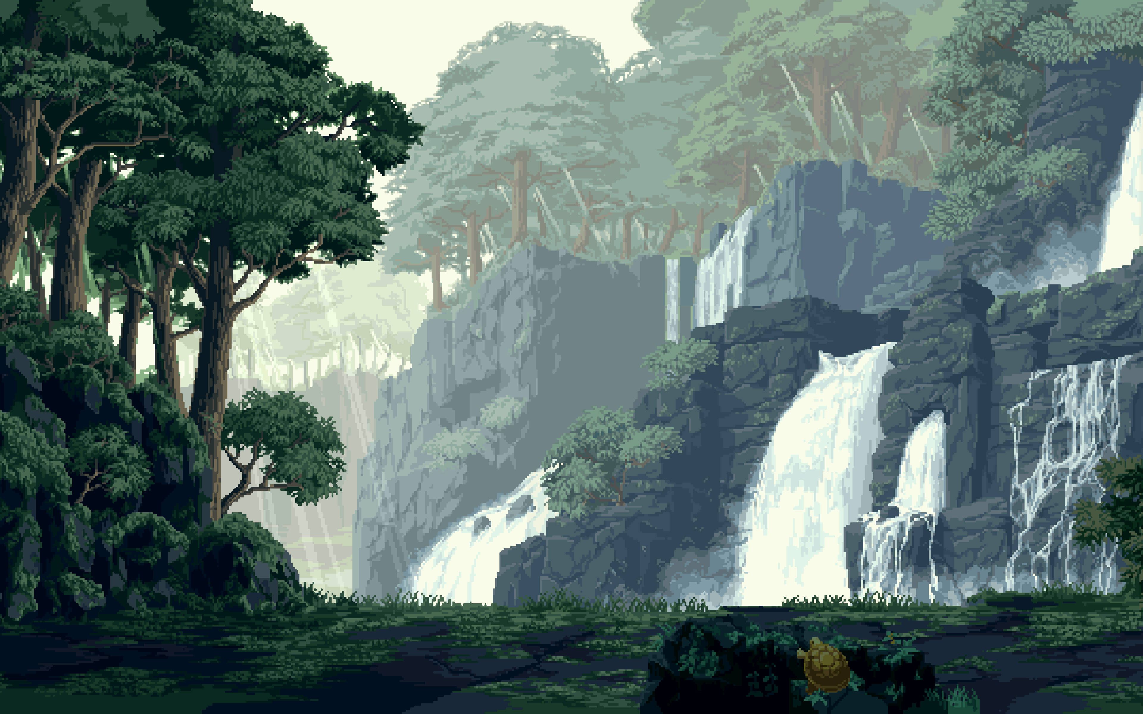 Pixel art of a waterfall in a dense forest - Pixel art