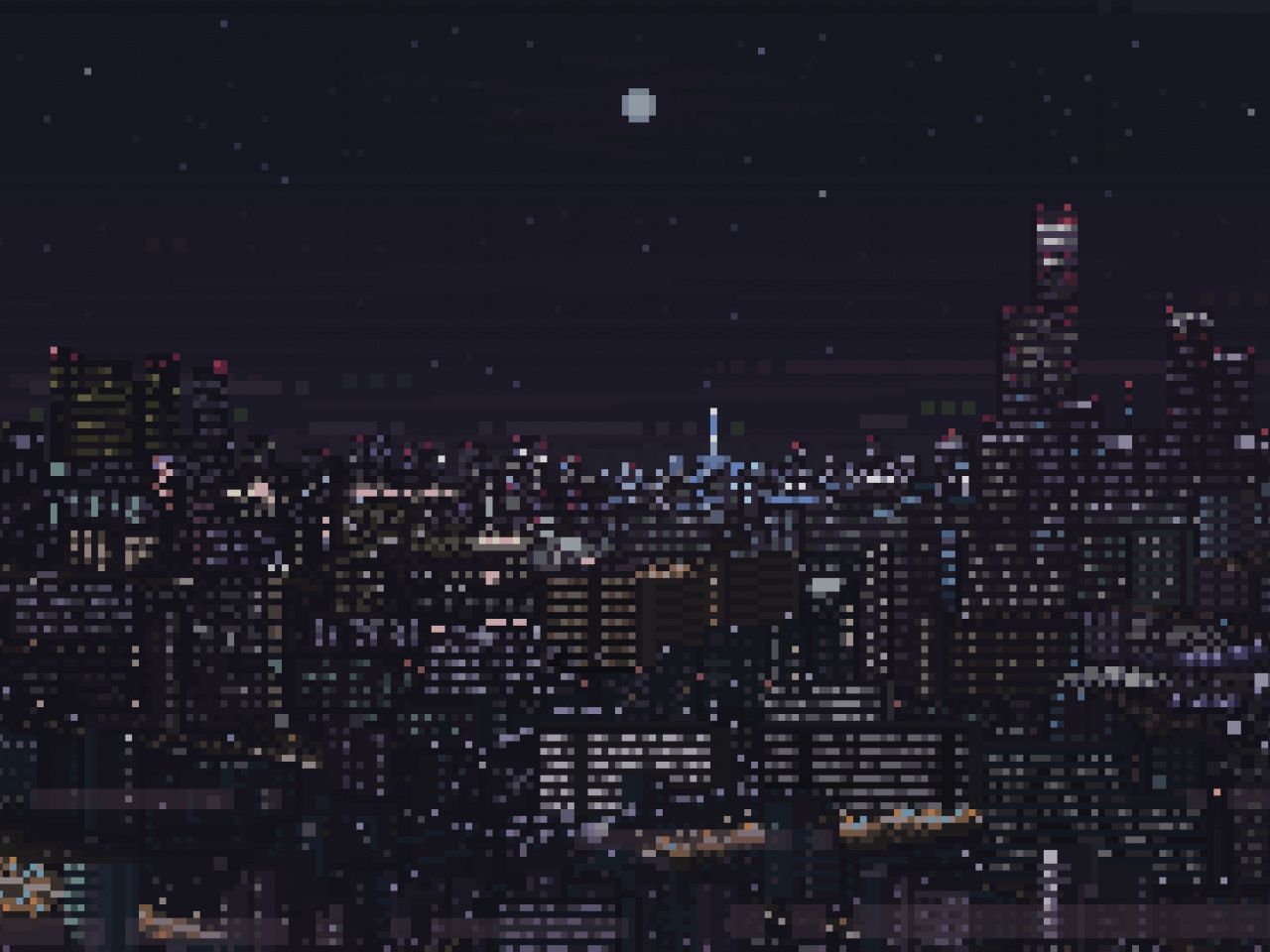 A city at night with the moon in it - Pixel art