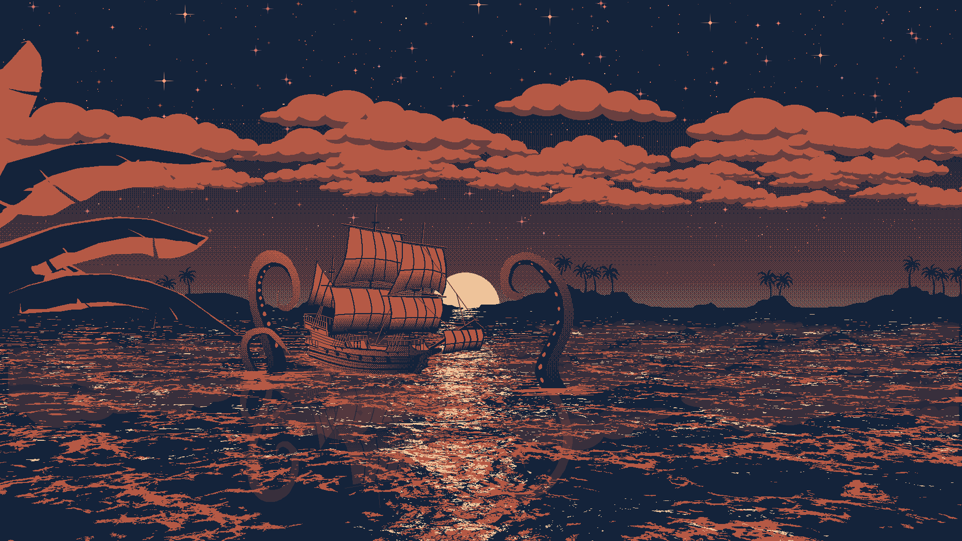 A ship sails through the sea with a giant octopus - Pixel art