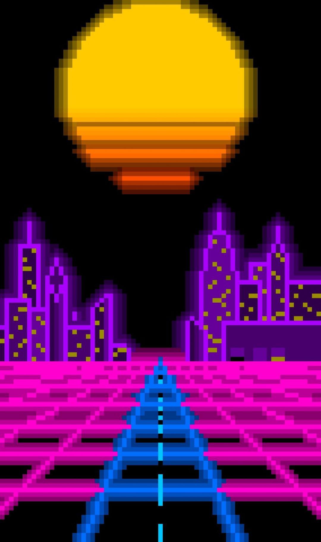 A retro pixel art city scene with the sun setting - Pixel art
