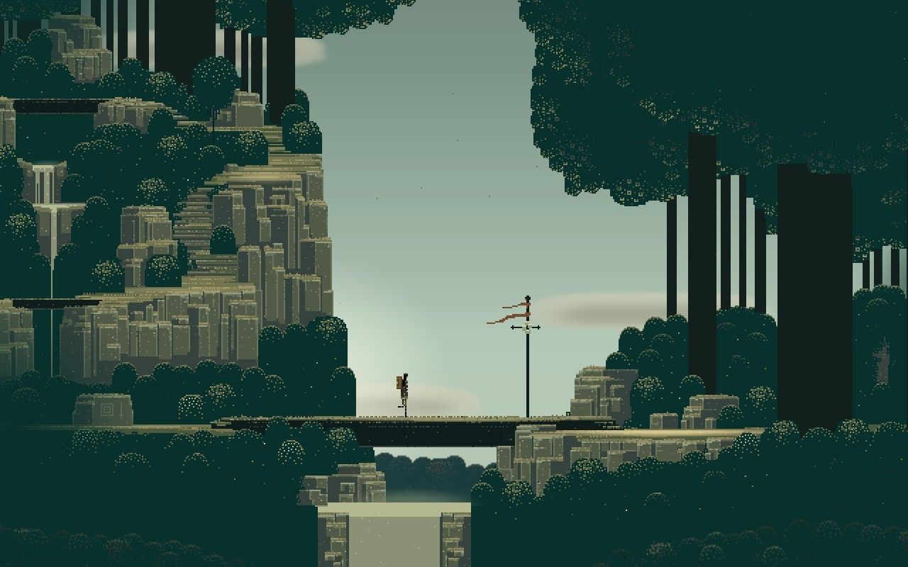 A pixelated scene of a character standing on a bridge in a forest. - Pixel art