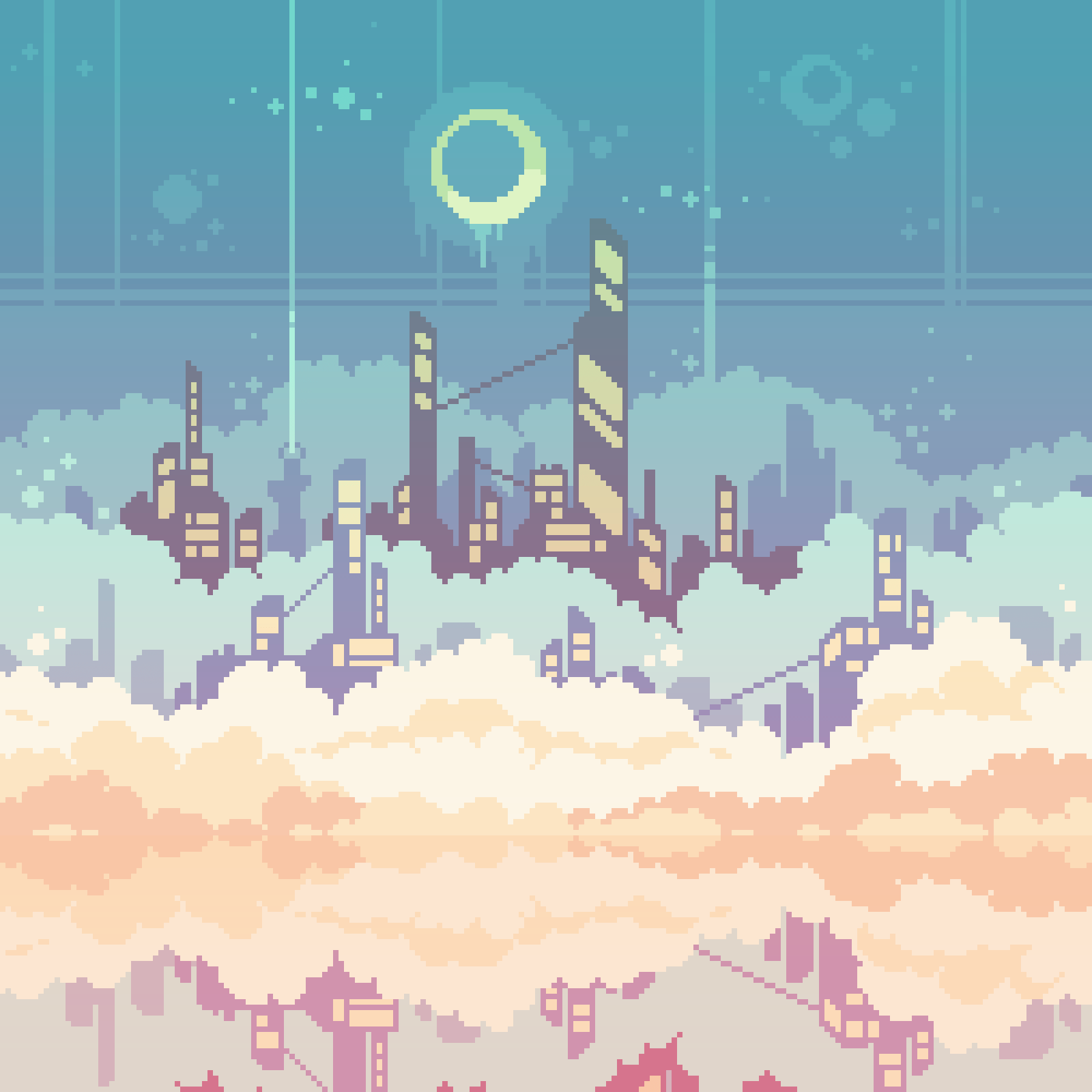A city with buildings and clouds in the background - Pixel art