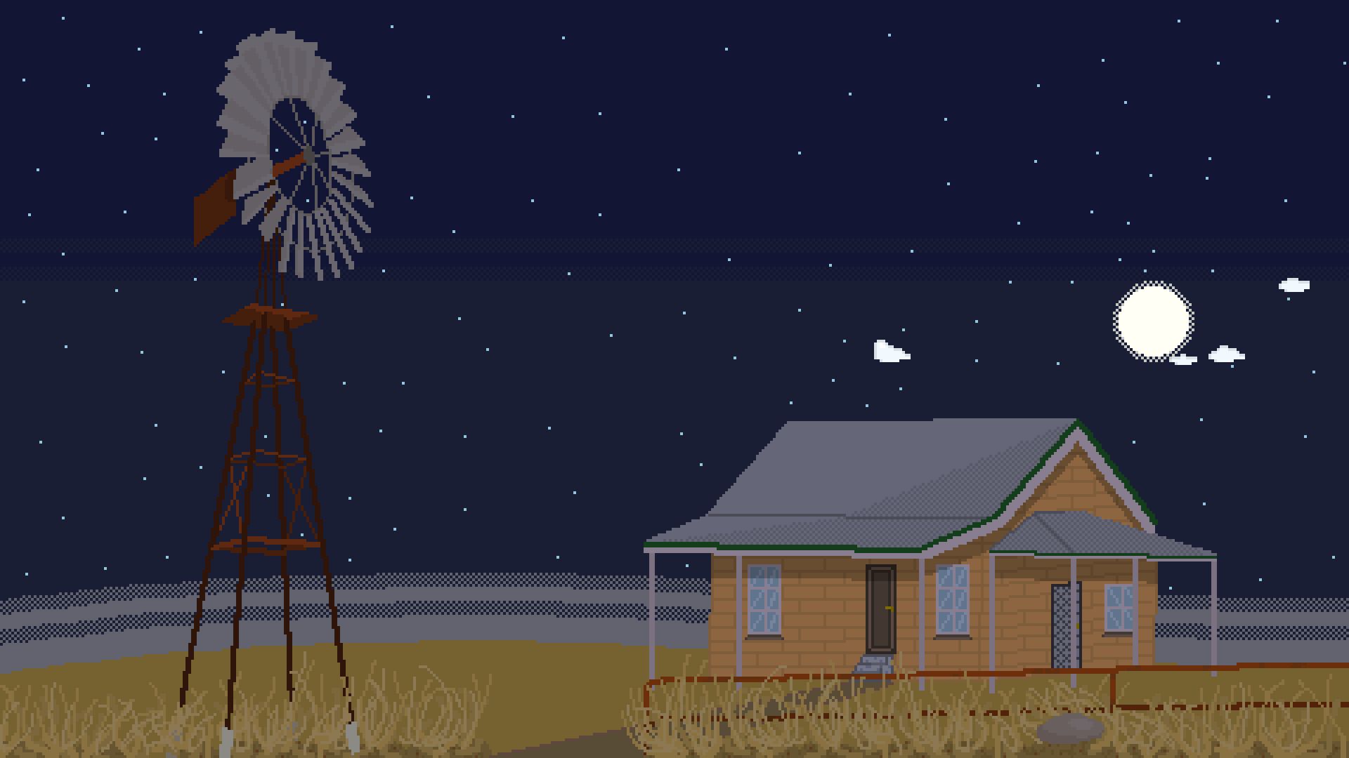 A pixel art image of a windmill and a house at night. - Pixel art