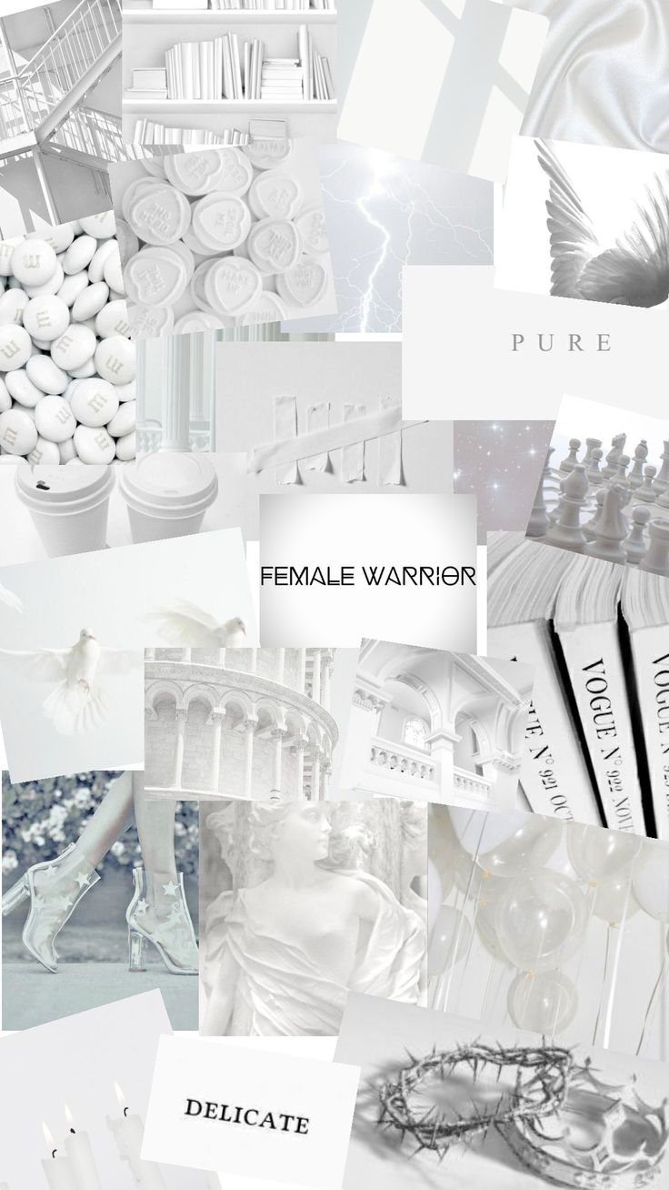 Aesthetic collage of white and grey images including books, crystals, and female warrior text. - Cute white
