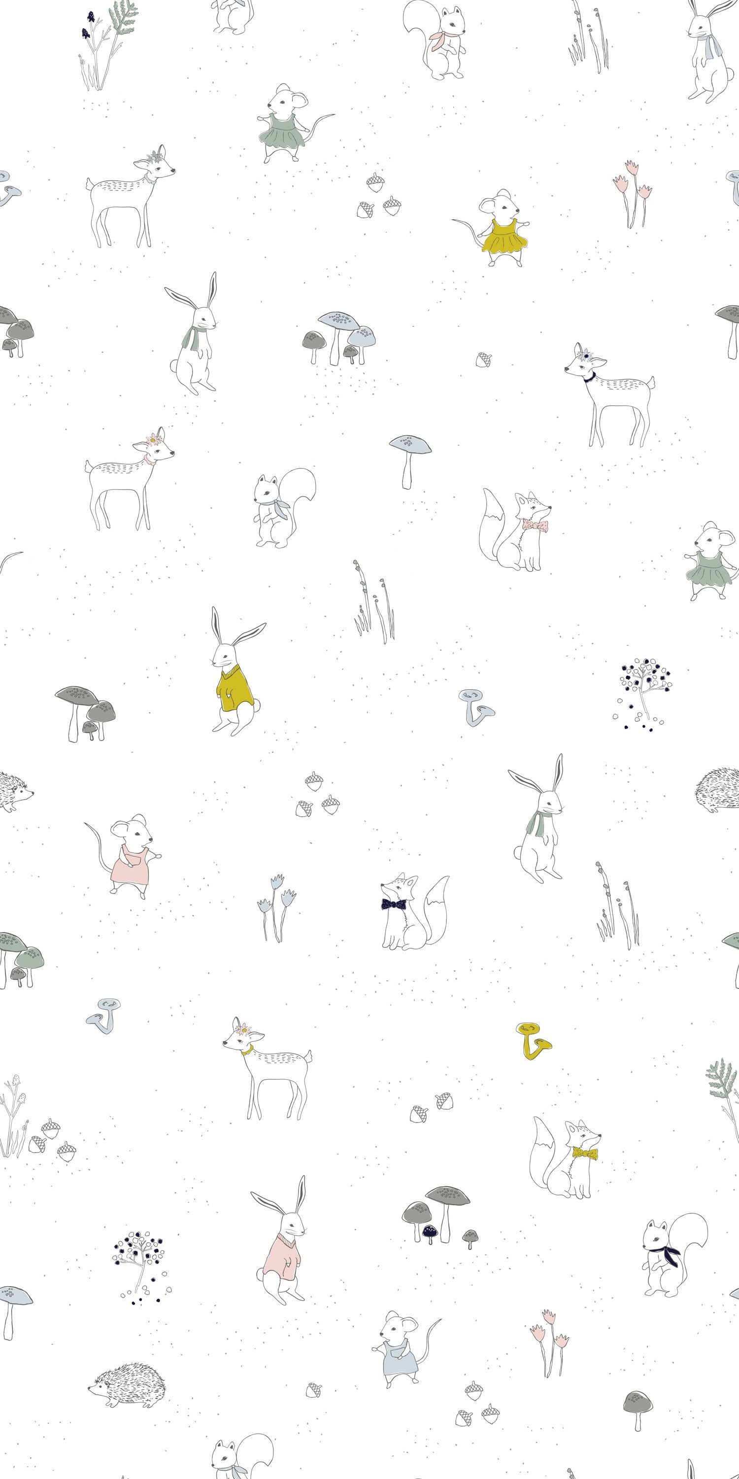 A pattern of animals and other things - Cute white, pastel yellow, simple, magic
