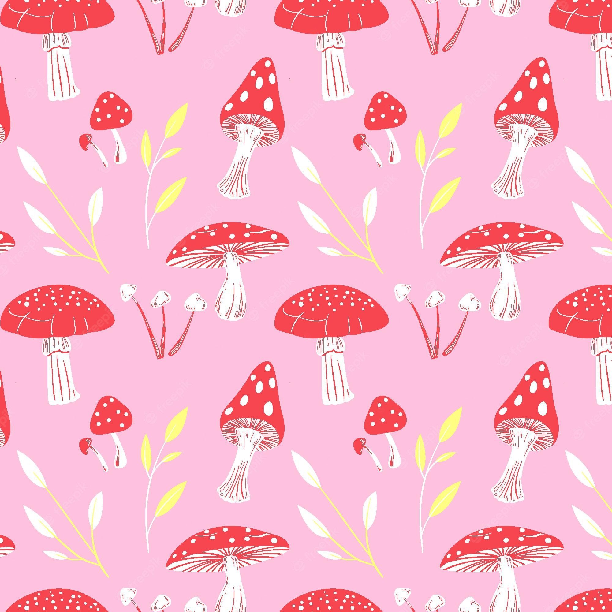 A repeat pattern of red mushrooms on a pink background - Mushroom