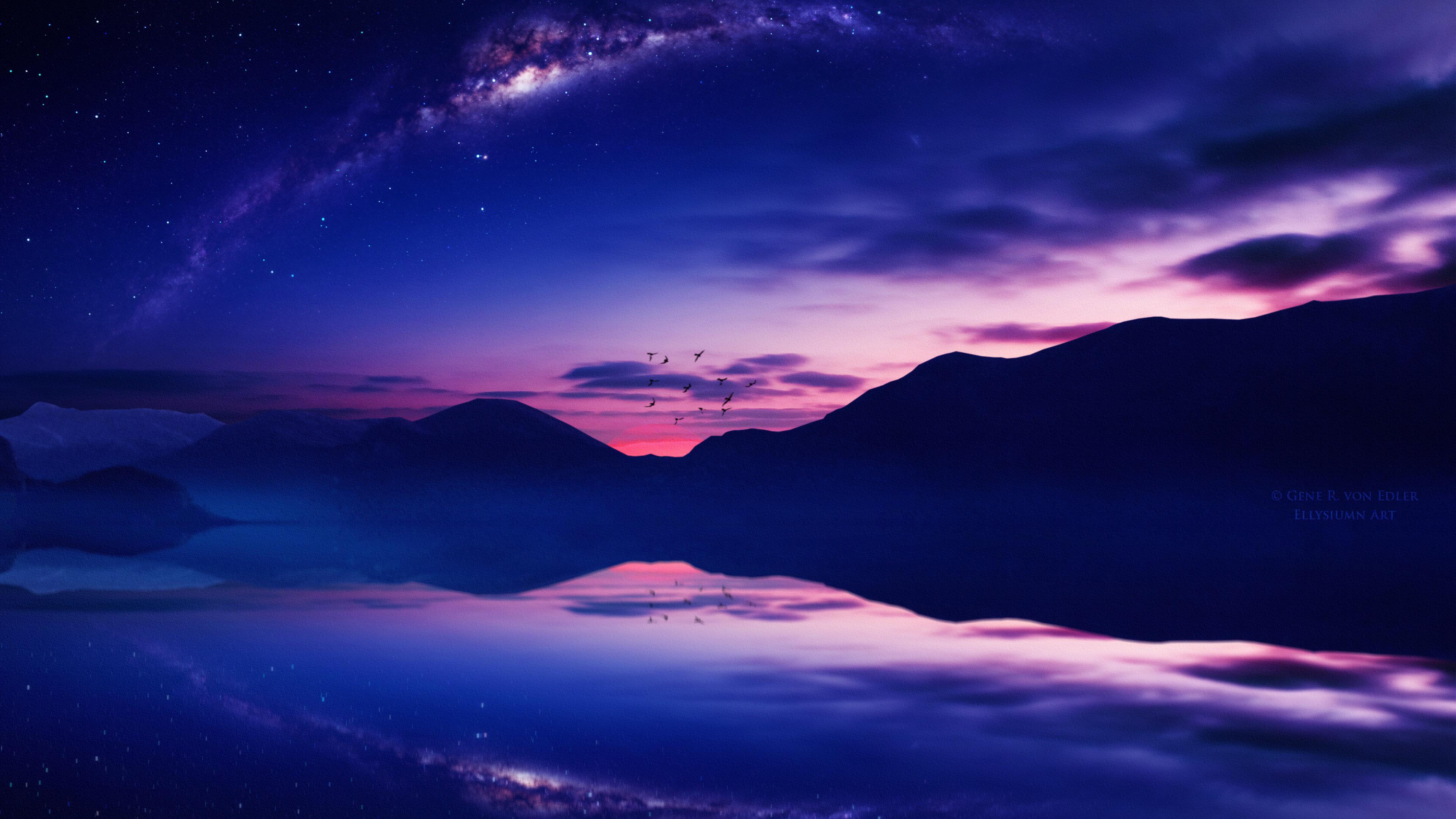 Night time, mountains, stars, sky, lake, reflection, birds, wallpaper - Twilight