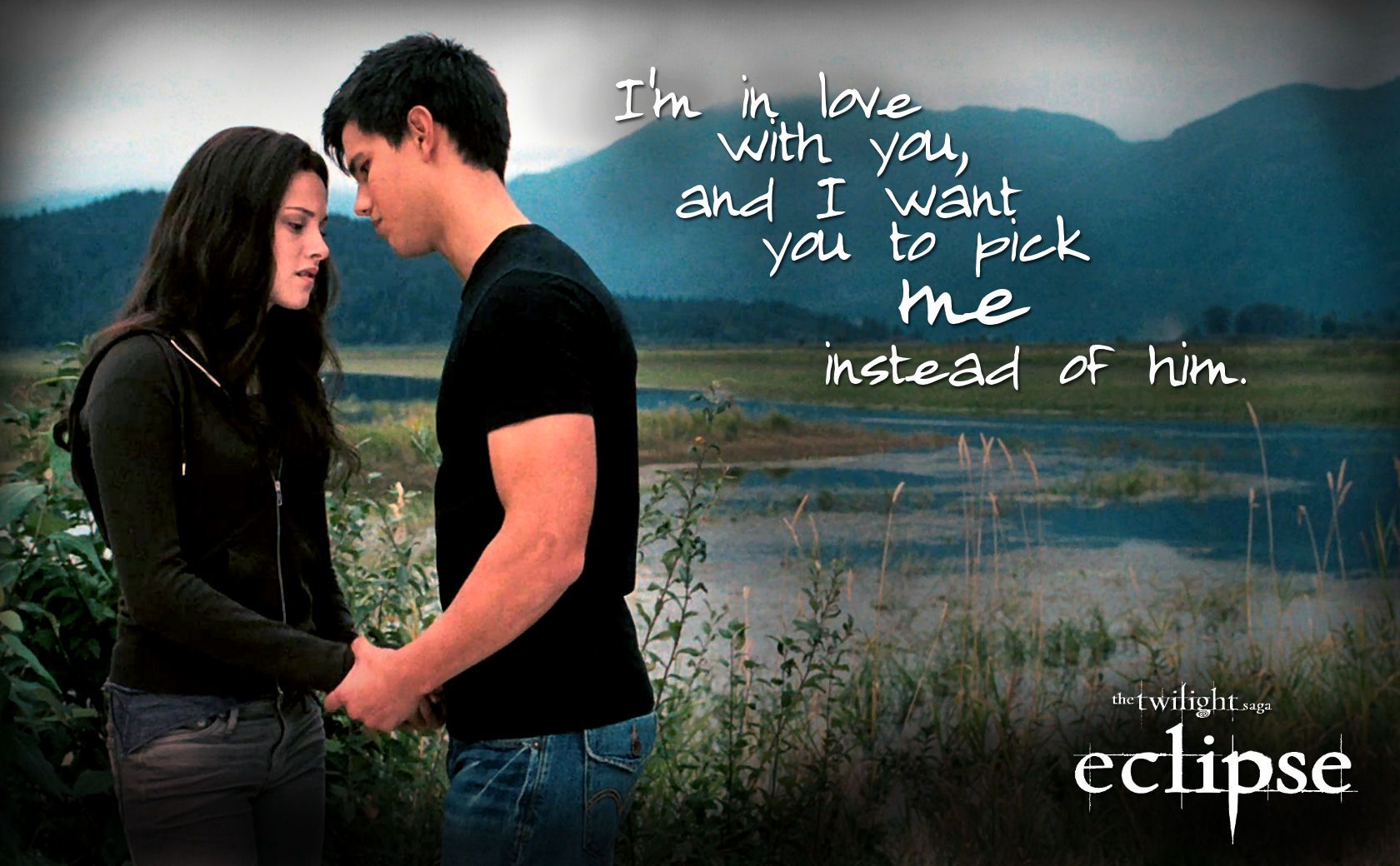Jacob Black and Bella Swan in Twilight standing in a field with the quote 