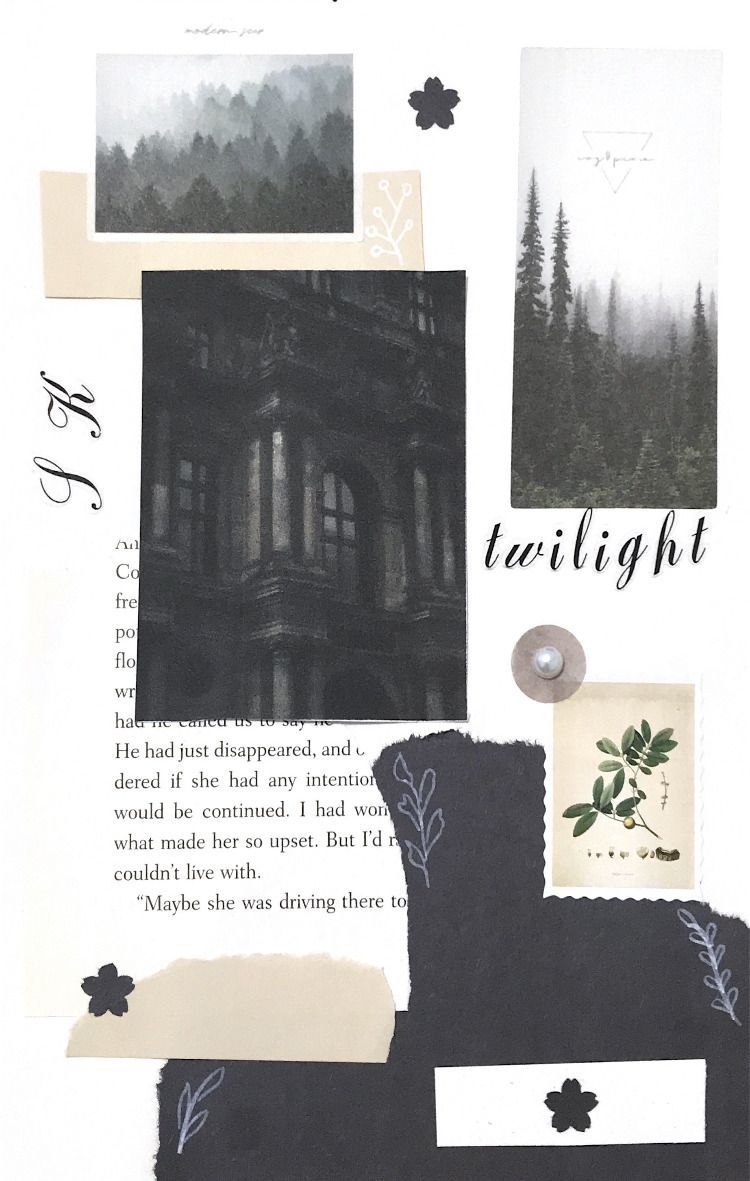 A collage with the word twilight and images of trees, a castle, and a leaf. - Twilight
