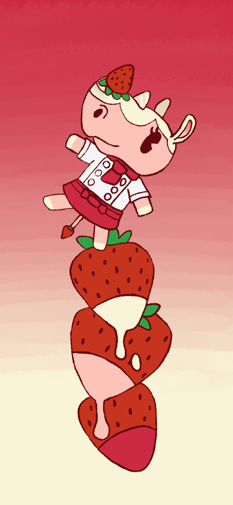 A cartoon cow is standing on top of strawberries - Animal Crossing