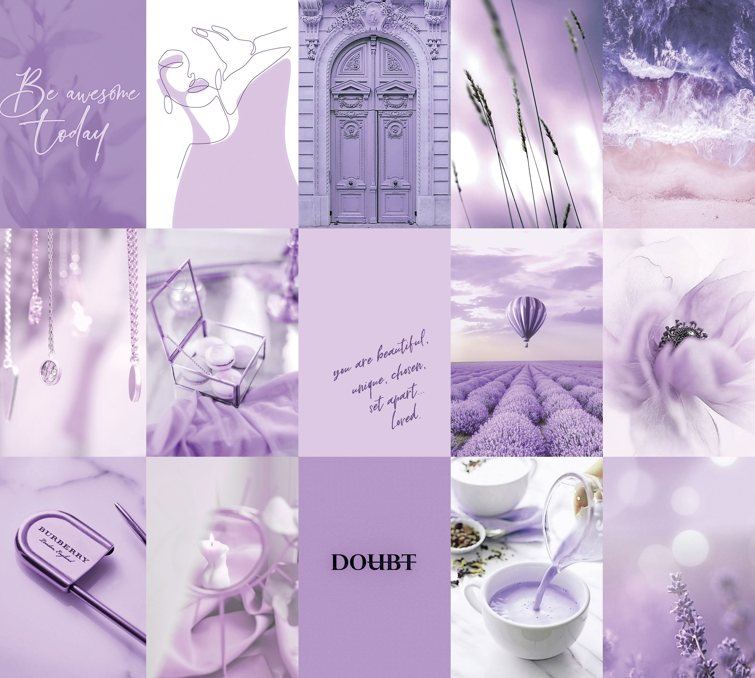 A collage of purple pictures with flowers and other items - Pastel purple