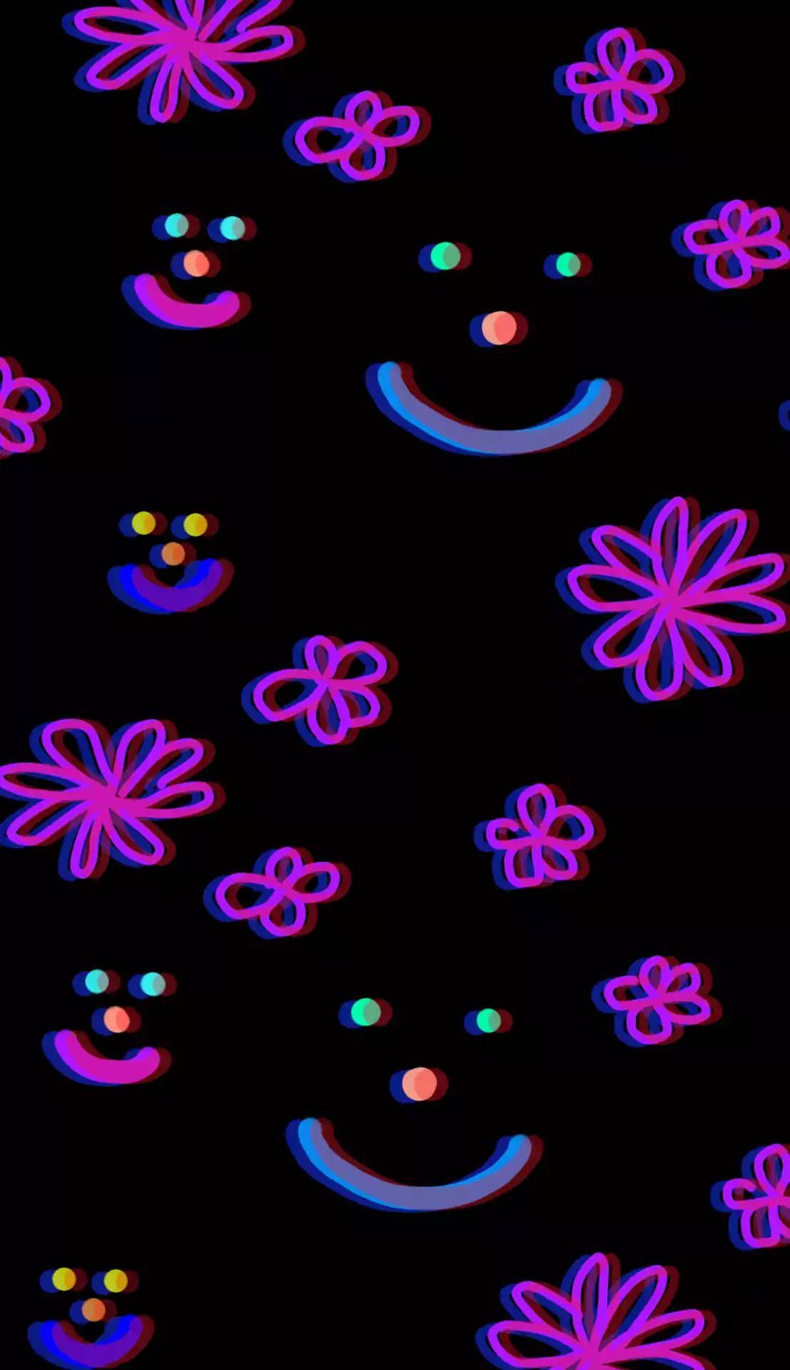 A group of flowers and smiley faces on black background - Weirdcore