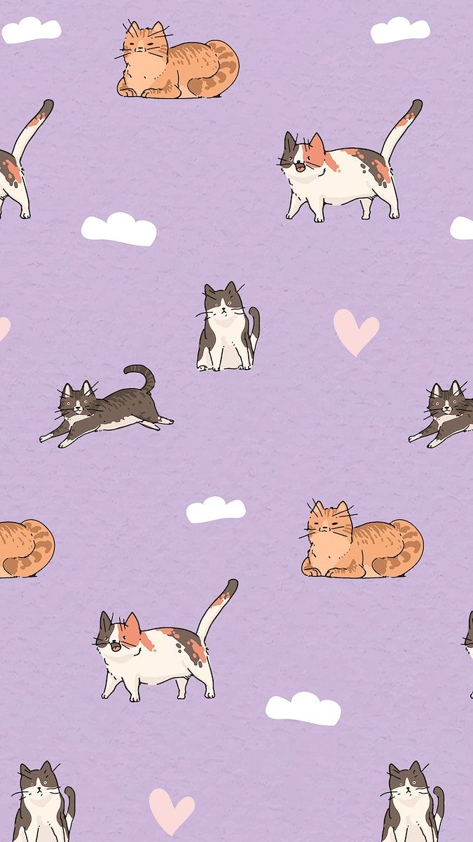 A purple background with white clouds and pink hearts with cats in different positions. - Cute, cute fall, magenta, doodles, sloth, bling