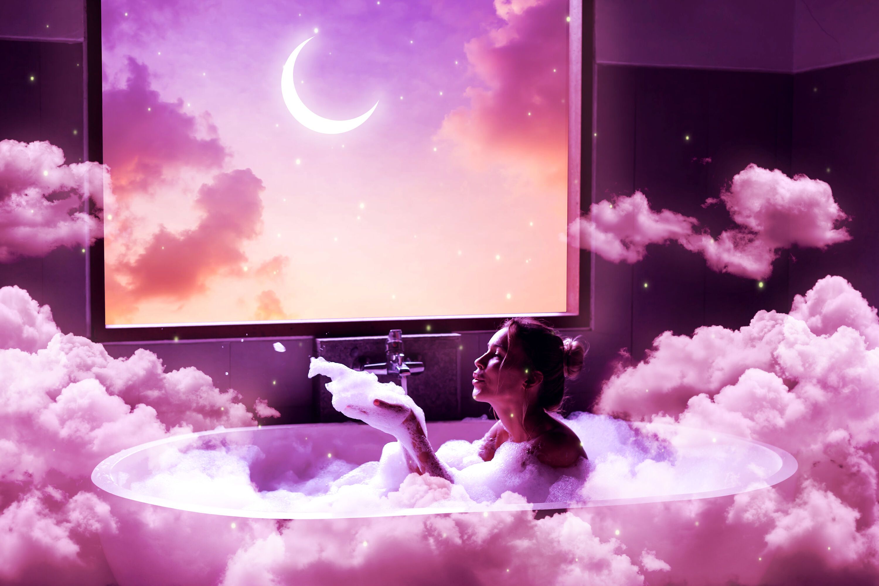 A woman in the bathtub with clouds and moon - Weirdcore