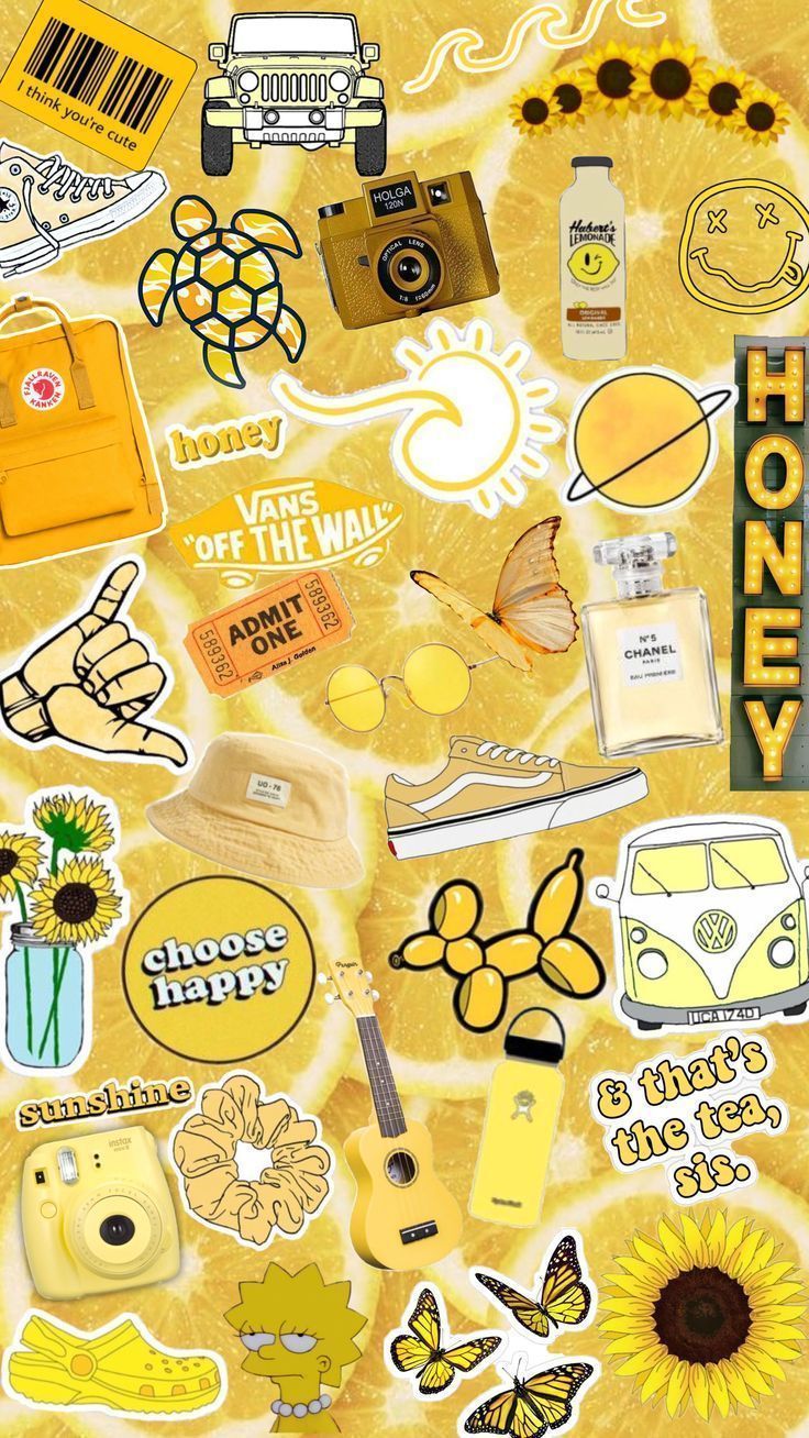 Aesthetic background yellow with stickers of a camera, a van, a turtle, a butterfly, a guitar, a sunflower, a camera, a bee, a hand with a middle finger, a sign that says choose happy, a sign that says admit one, a sign that says honey, a sign that says vans off the wall, a sign that says honey, a bottle of sunscreen, a sign that says i choose happy, a yellow car with a sunflower on the back, a sign that says there's no place like home, a yellow camera - Yellow iphone, yellow
