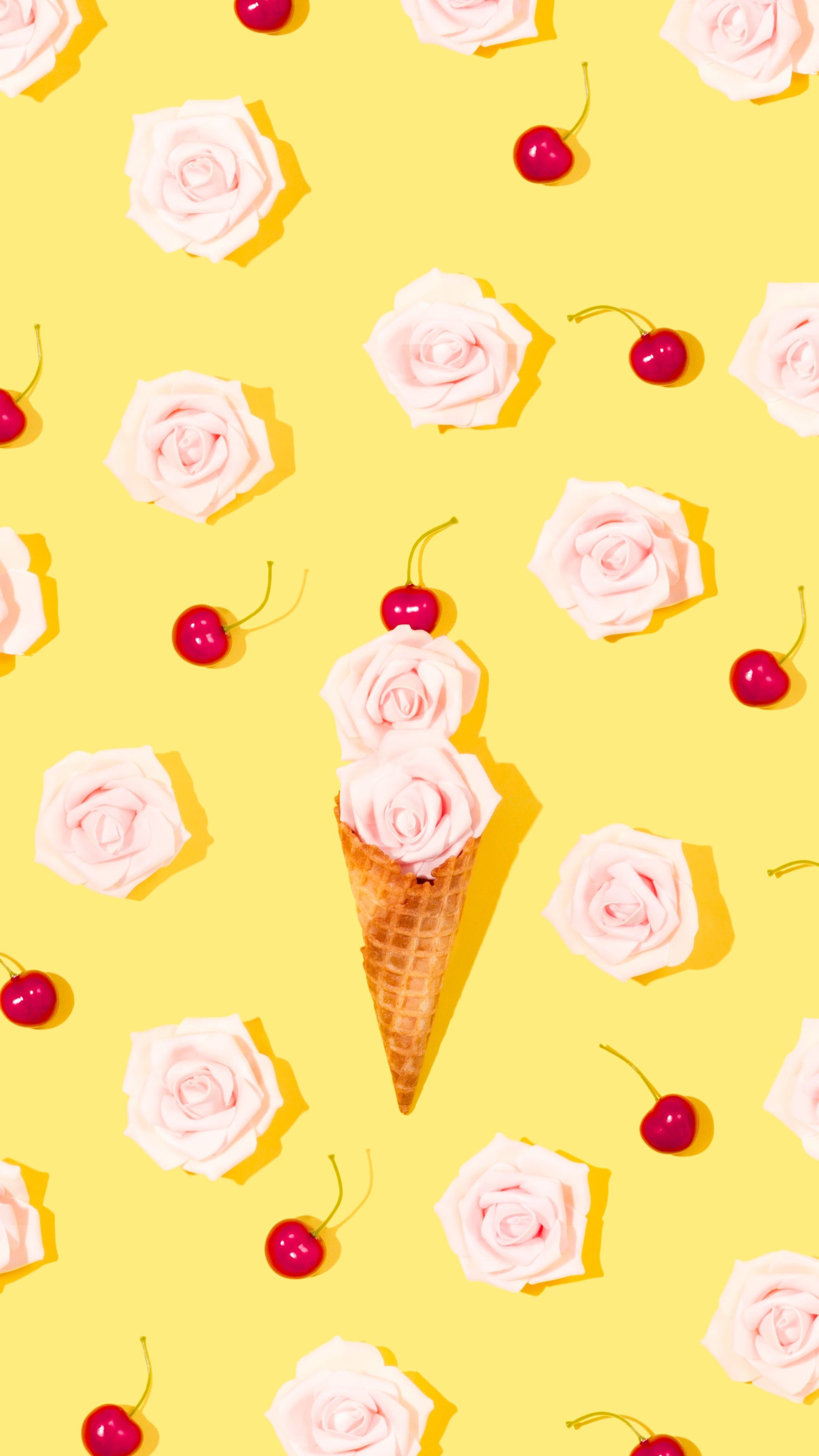 A yellow background with cherries and roses - Yellow iphone, cherry