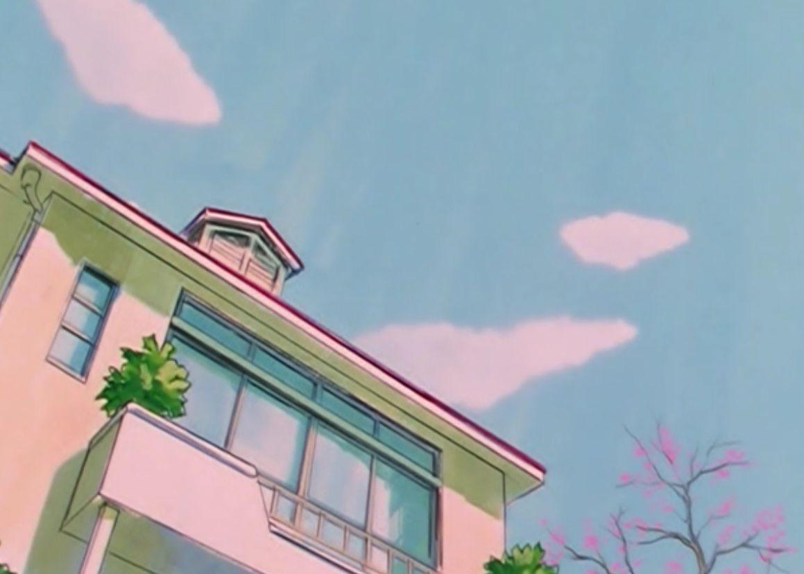 A cartoon of an old house with trees and flowers - 90s anime