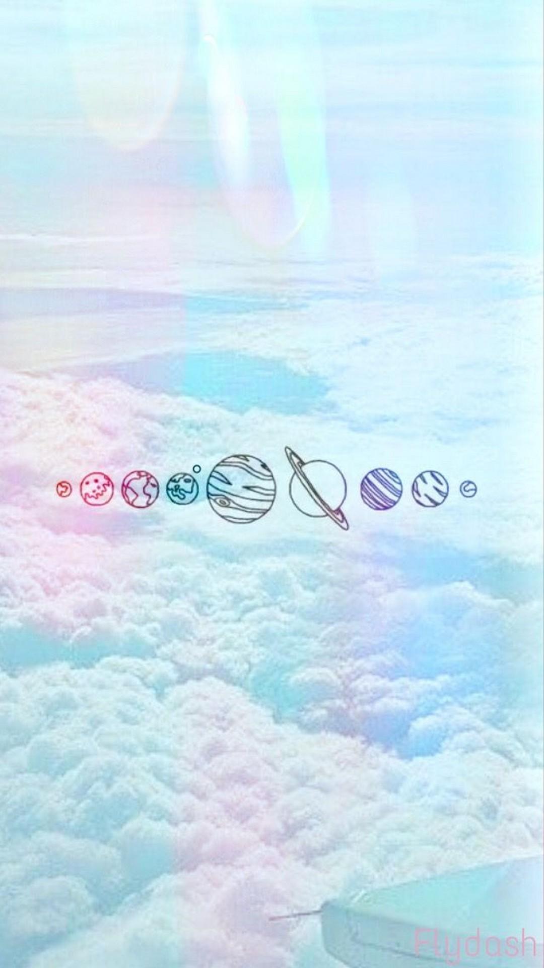 A plane flying over the clouds with different symbols - Phone, cute iPhone, cool, teal, HD, couple, simple