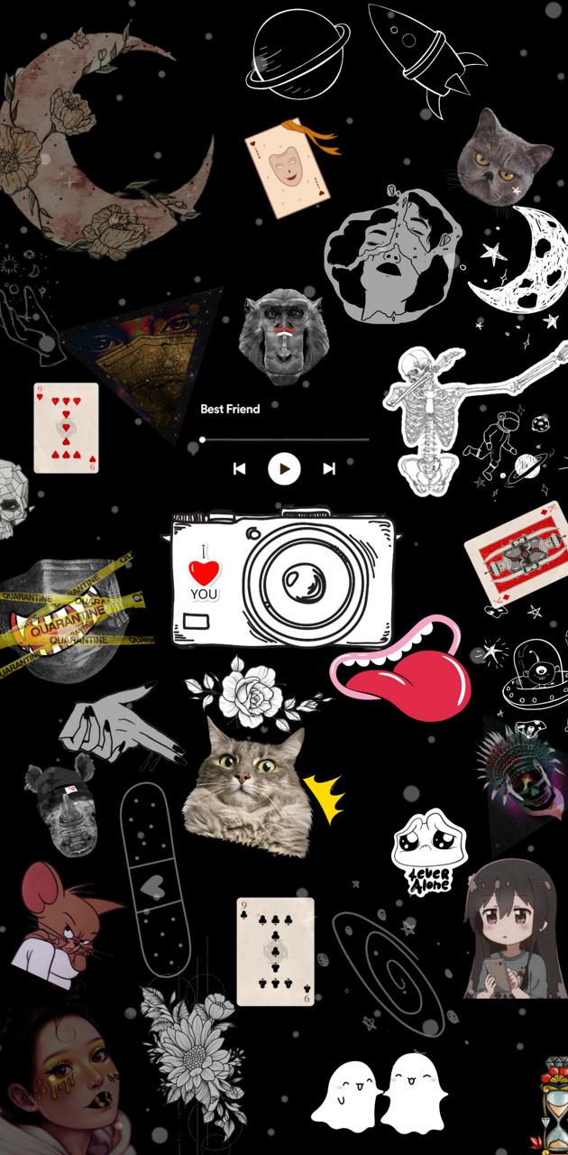 Aesthetic background with a camera, cats, and other stickers - Bestie