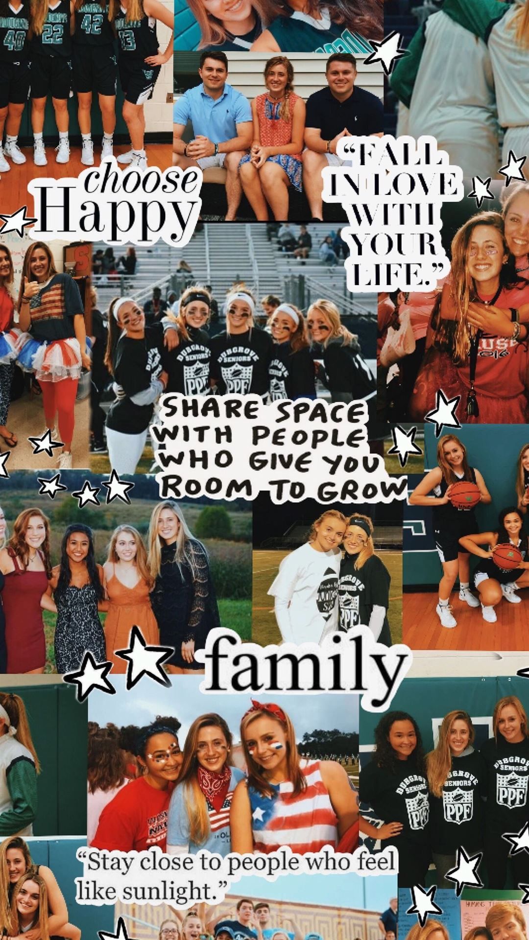 A collage of pictures of a group of people, with the center picture being of two girls sitting on bleachers - Bestie