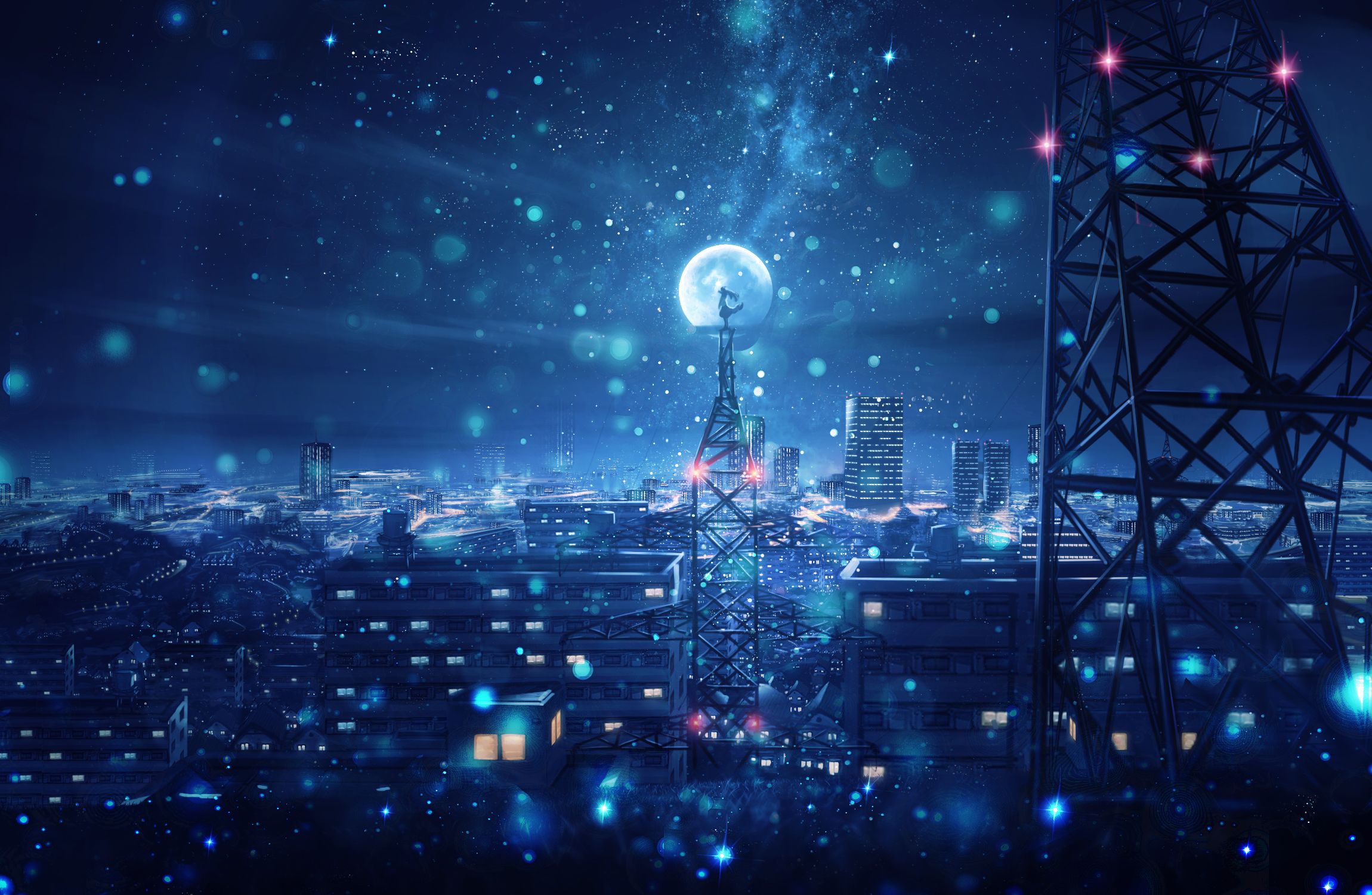 A city at night with a tower and a full moon - Anime city