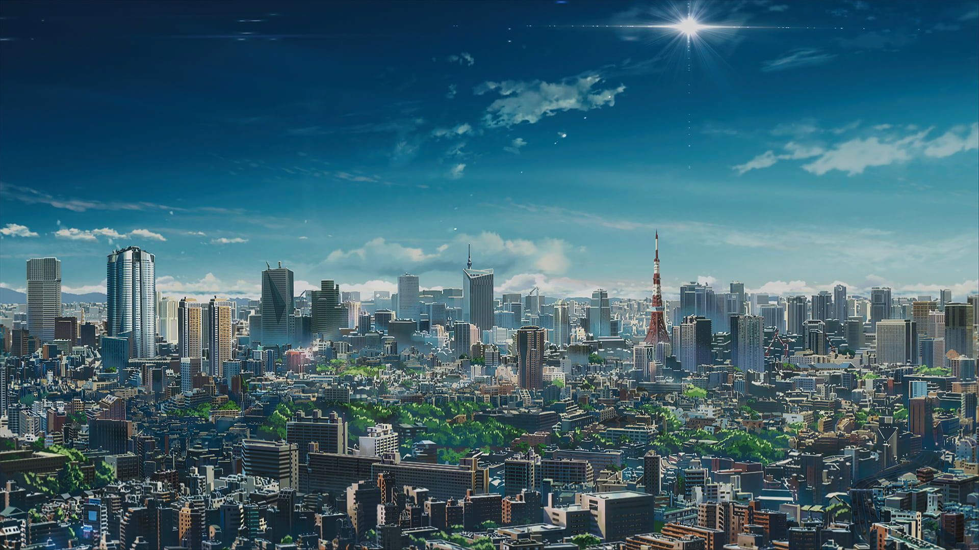 A city with many tall buildings and trees - Anime city