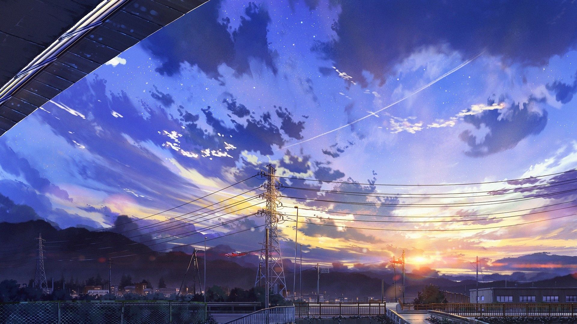 Anime wallpaper with a train station and clouds - Anime landscape, Japan
