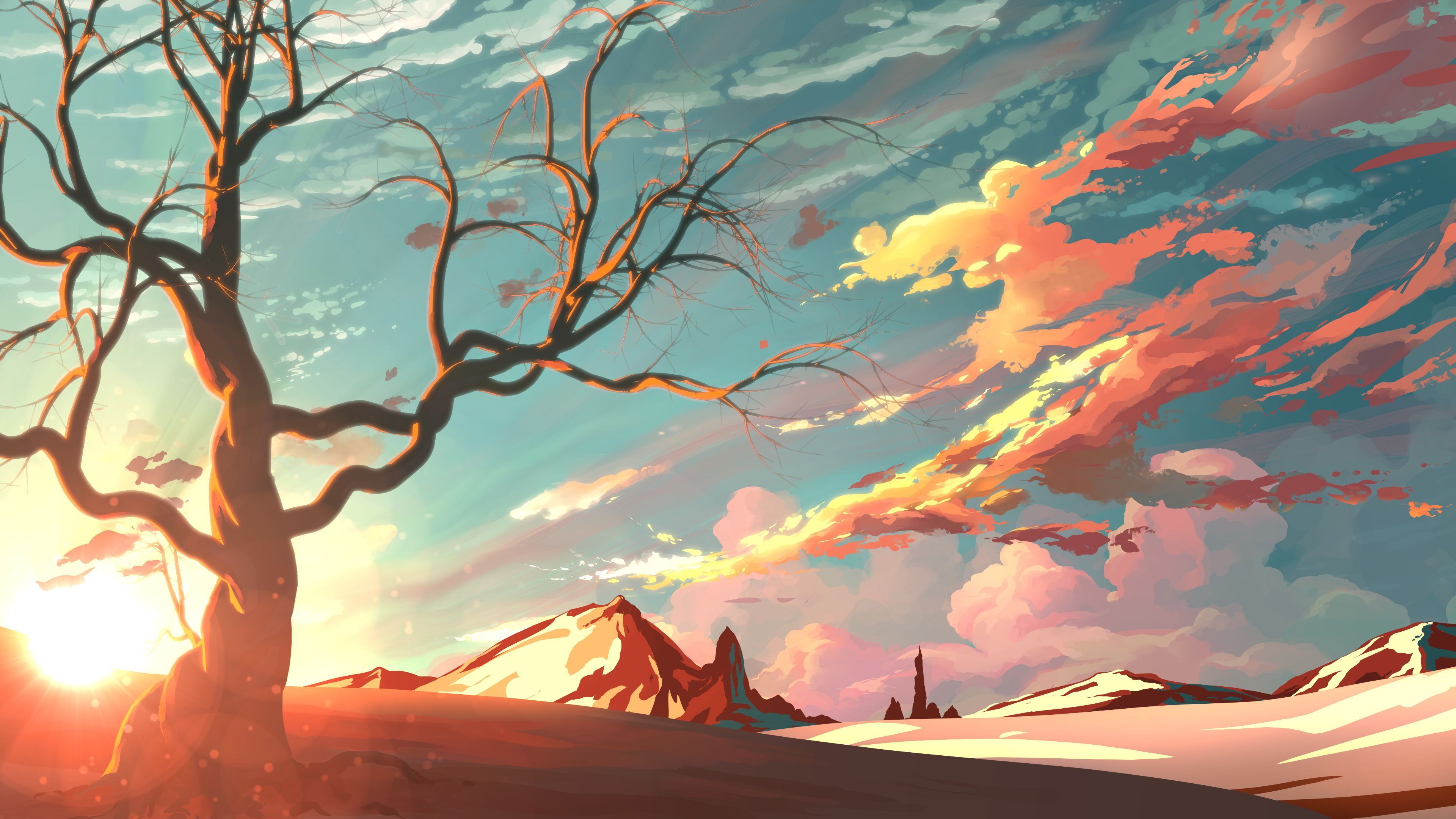 A tree in the middle of an open field - Anime landscape