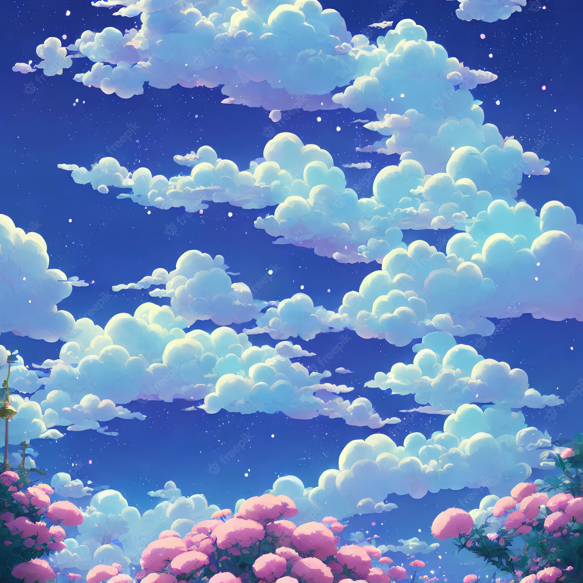 A painting of a blue sky with white clouds and pink flowers - Anime landscape