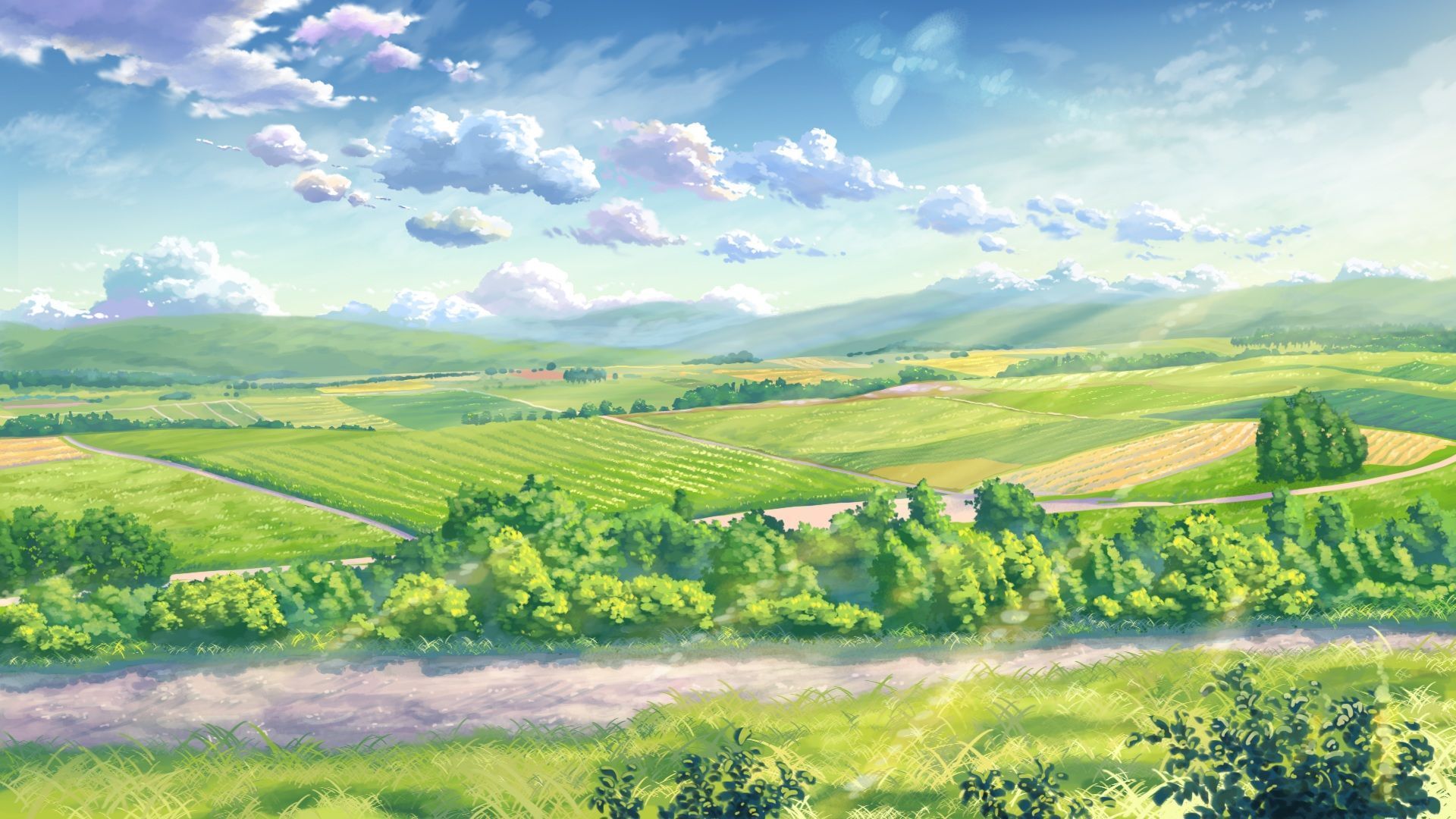 A painting of green fields and trees - Anime landscape, farm
