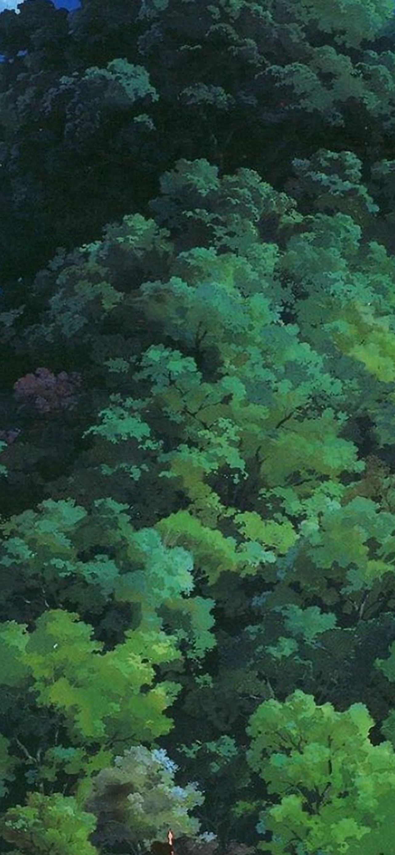 A painting of an animated forest with trees - Anime landscape