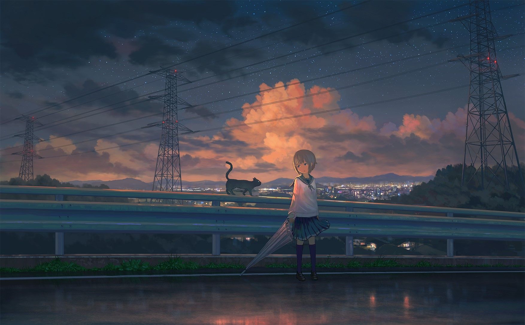 clouds, night, landscape, reflection, school uniform, umbrella, original characters, sky, moescape, anime girls, black cats Gallery HD Wallpaper