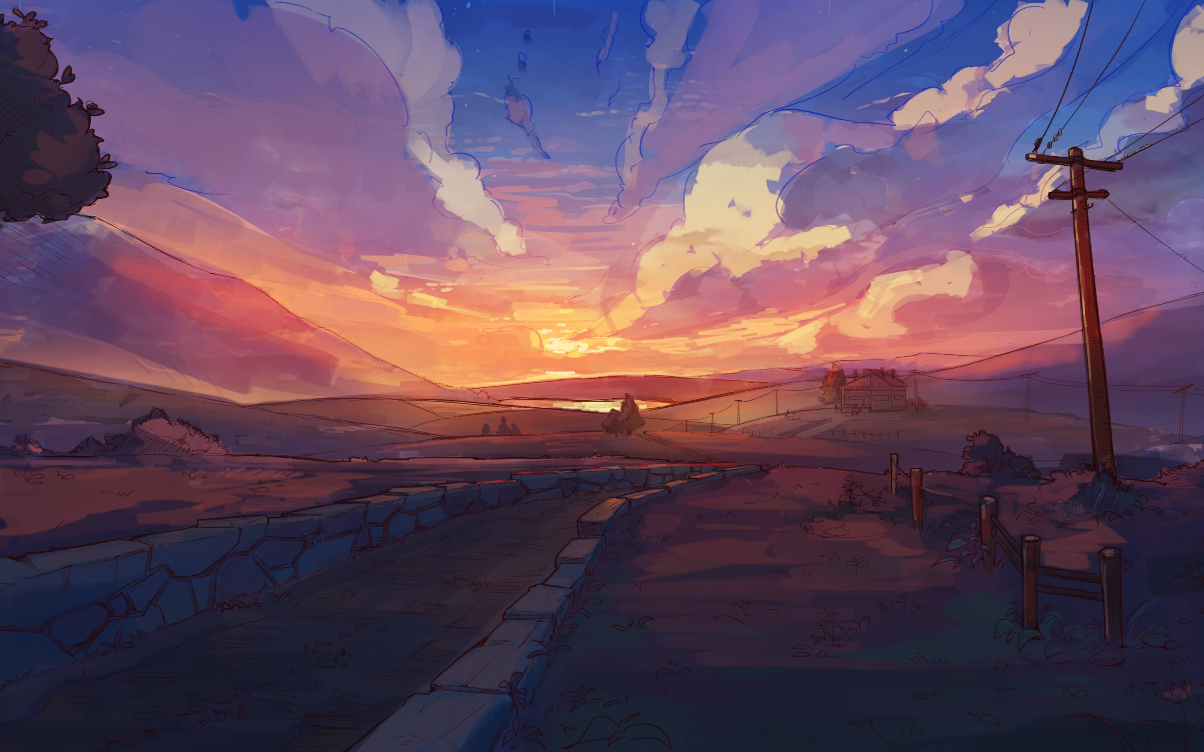 A digital painting of a beautiful sunset over a dirt road - Anime landscape