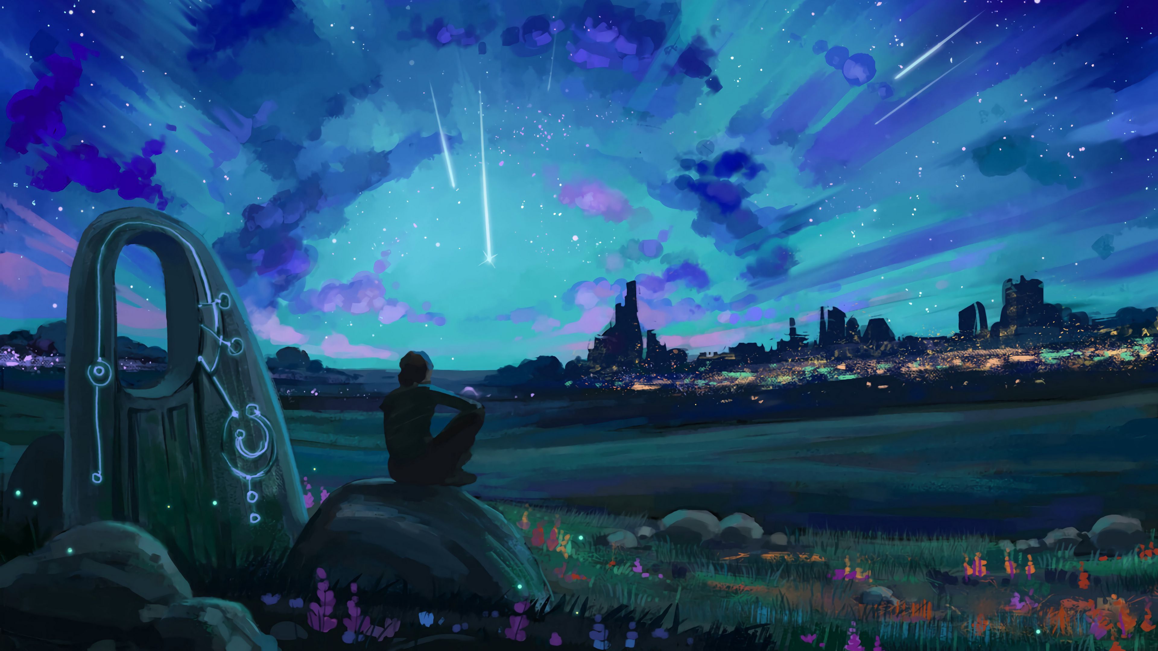 A person sitting on a rock watching shooting stars in the sky - Anime landscape