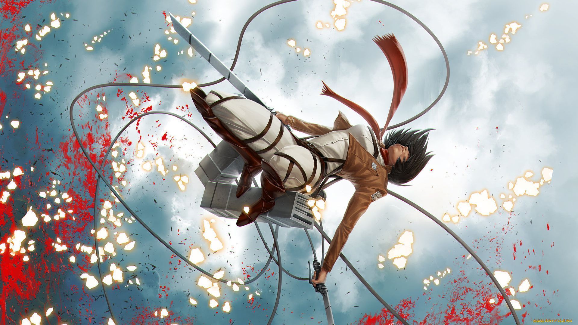 A man is flying through the air with his sword - Attack On Titan