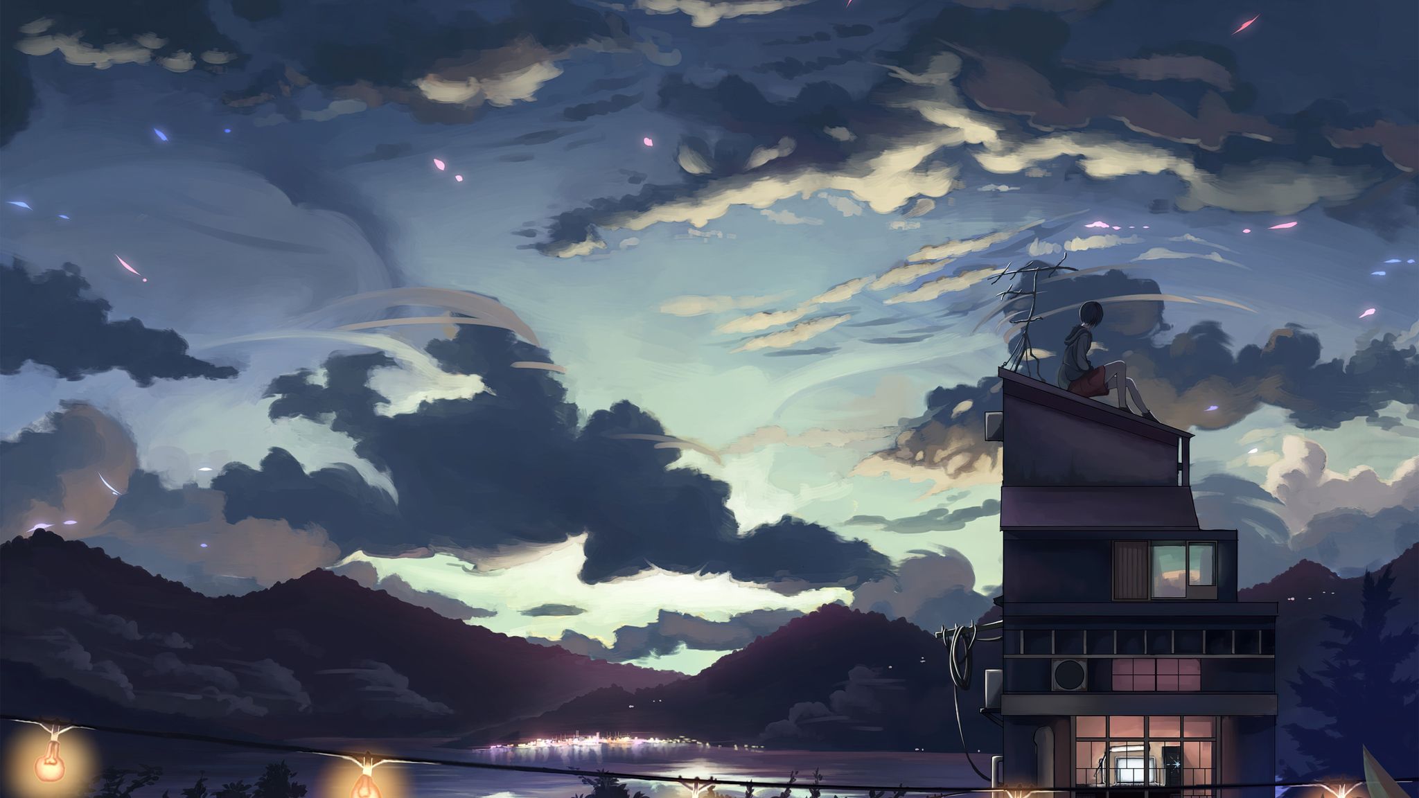 A Cloudy Evening Anime Girl Sitting Roofk 2048x1152 Resolution HD 4k Wallpaper, Image, Background, Photo and Picture