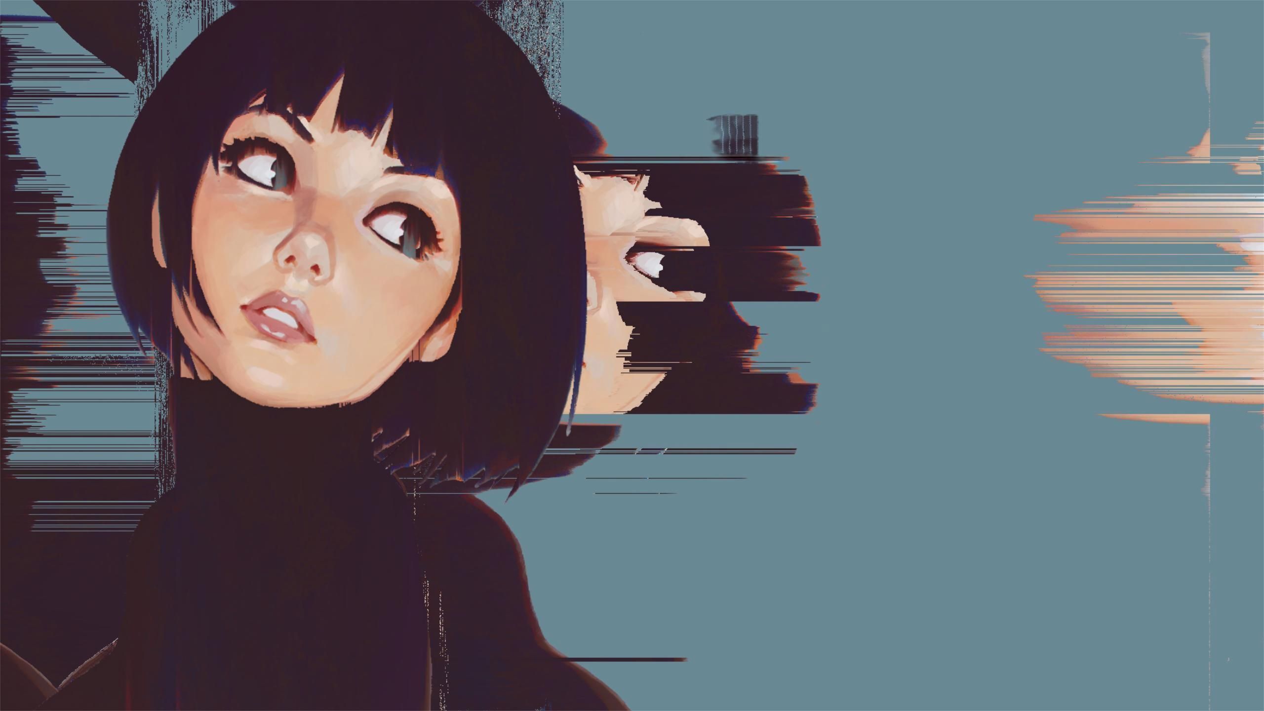 A woman with black hair and blue eyes - 2560x1440