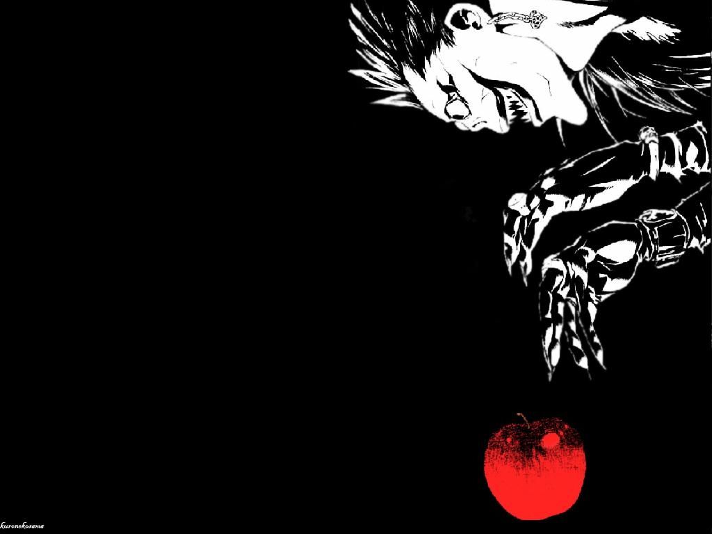 A black and white image of an apple with the word 'death' on it - Death Note