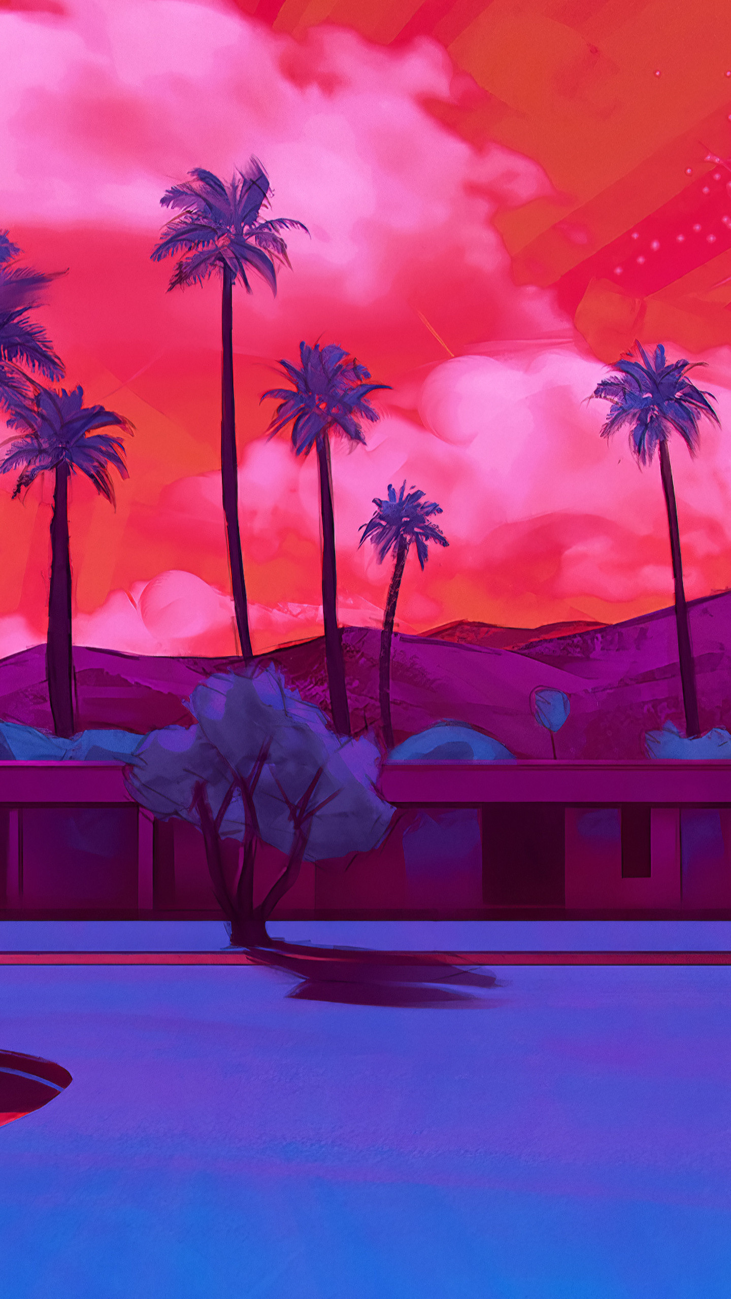 A painting of palm trees and buildings - California