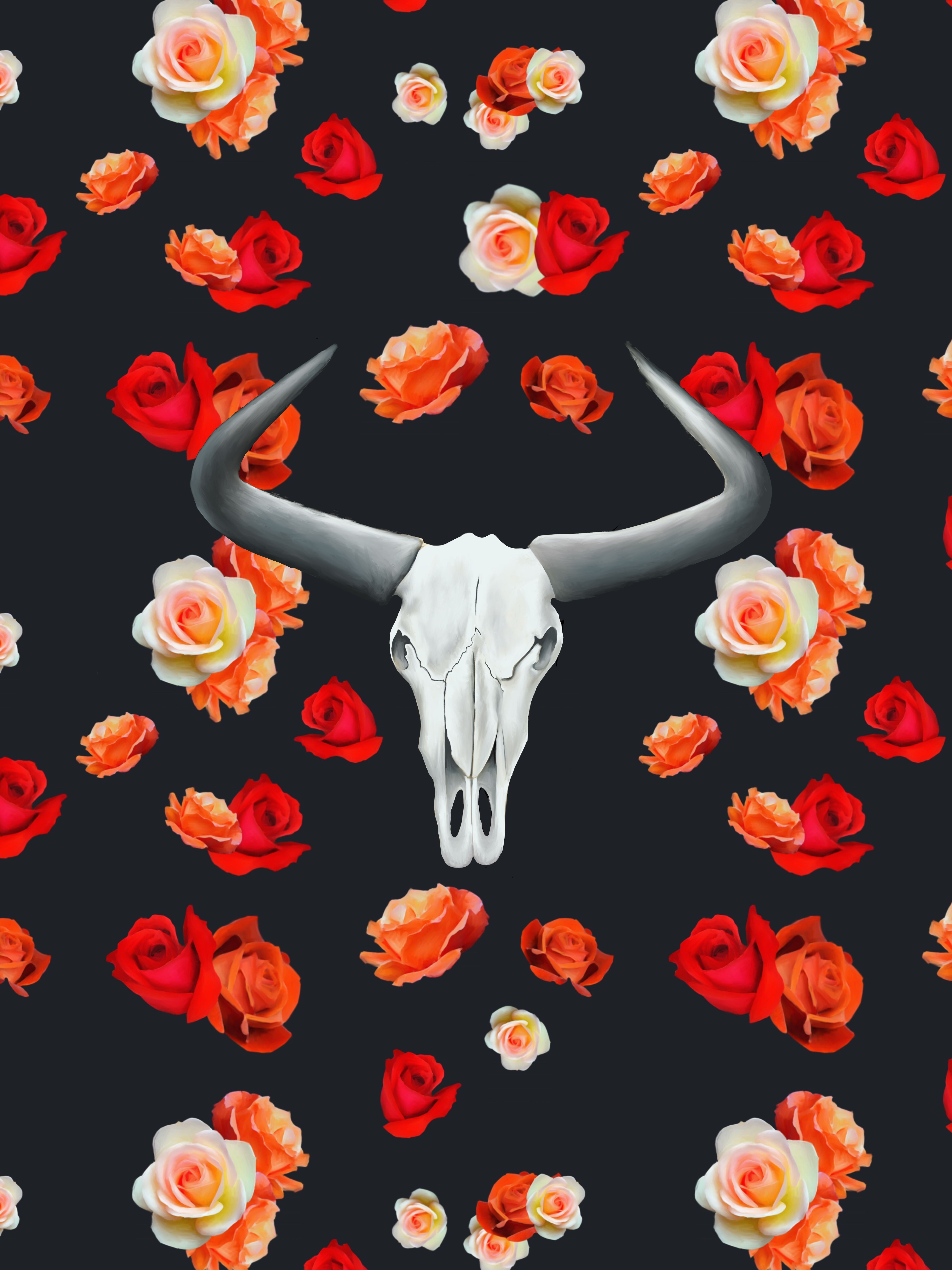 A pattern of a white animal skull and red and orange roses on a black background - Skull