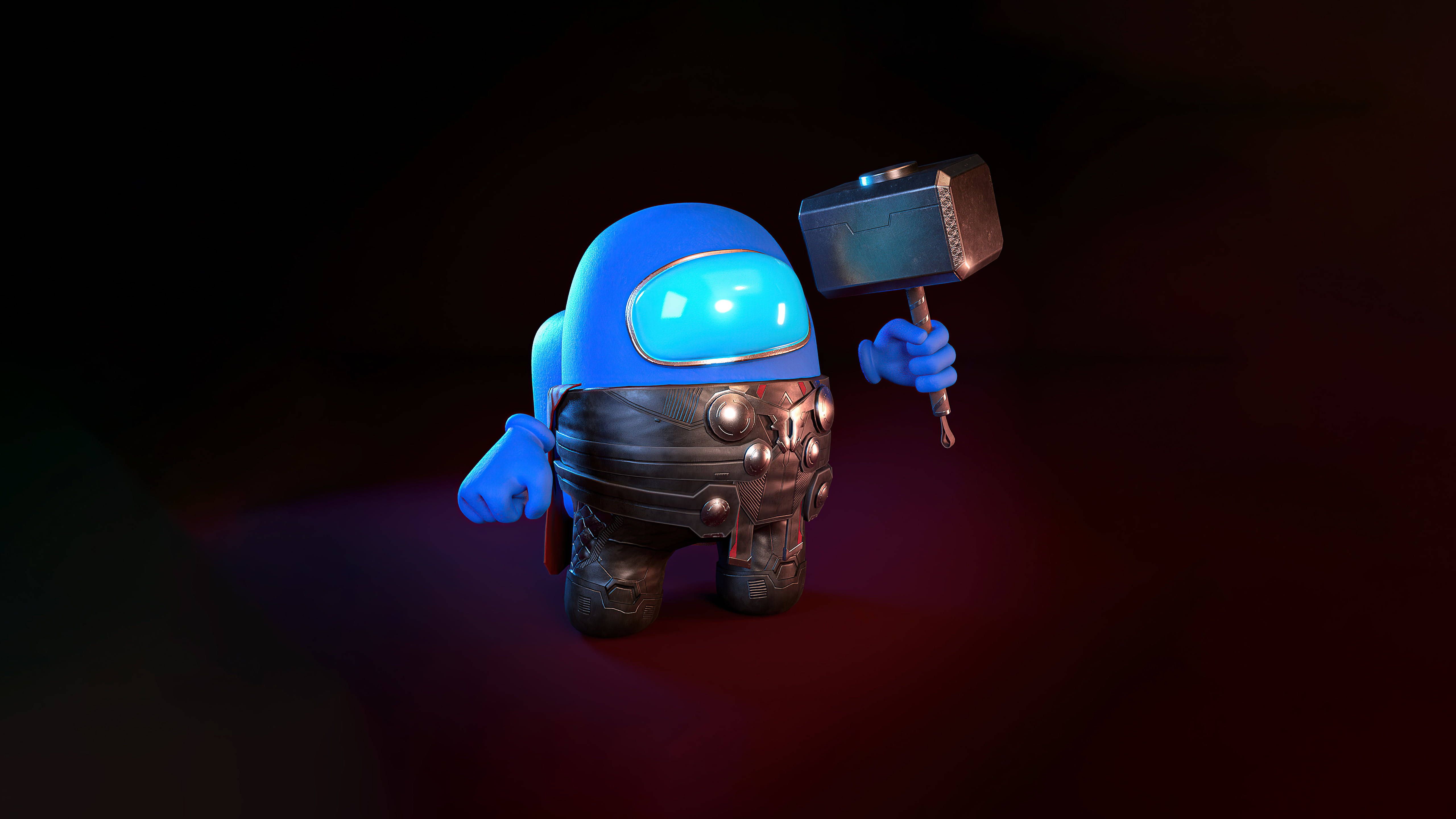 A blue robot holding an axe in the dark - Thor