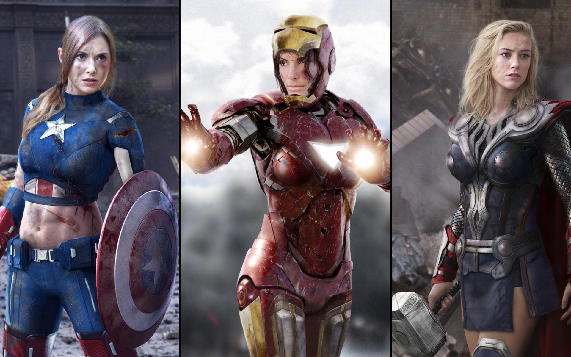 3 women dressed as superheroes: Captain America, Iron Man, and Thor. They are all wearing their costumes and holding their weapons. - Thor