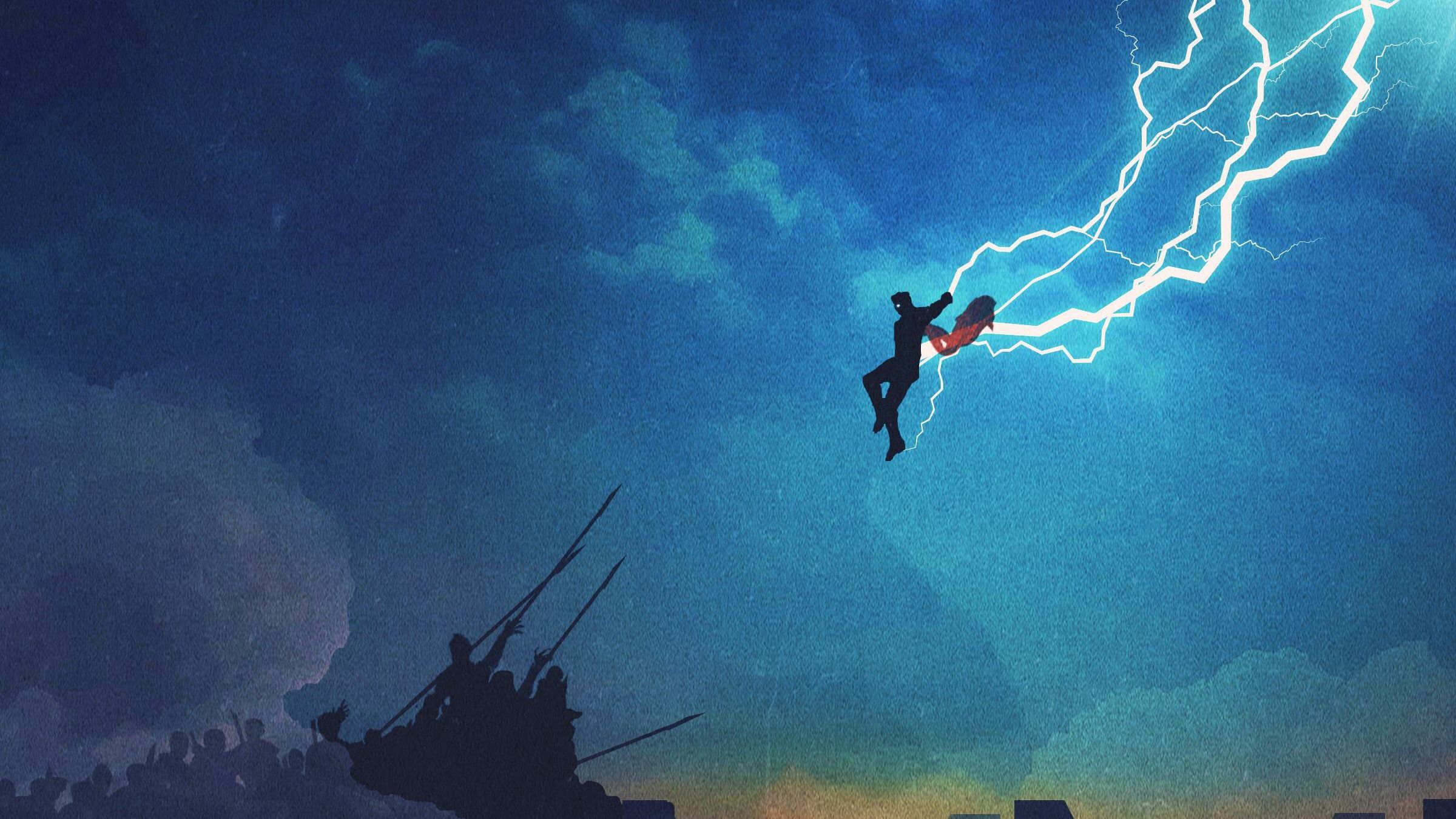 A person is lifted into the sky by a bolt of lightning - Thor