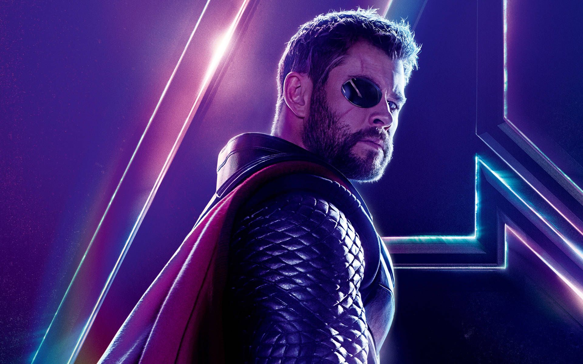 Chris Hemsworth as Thor in Avengers: Endgame, standing in front of a purple and blue background with his cape flowing behind him. - Thor