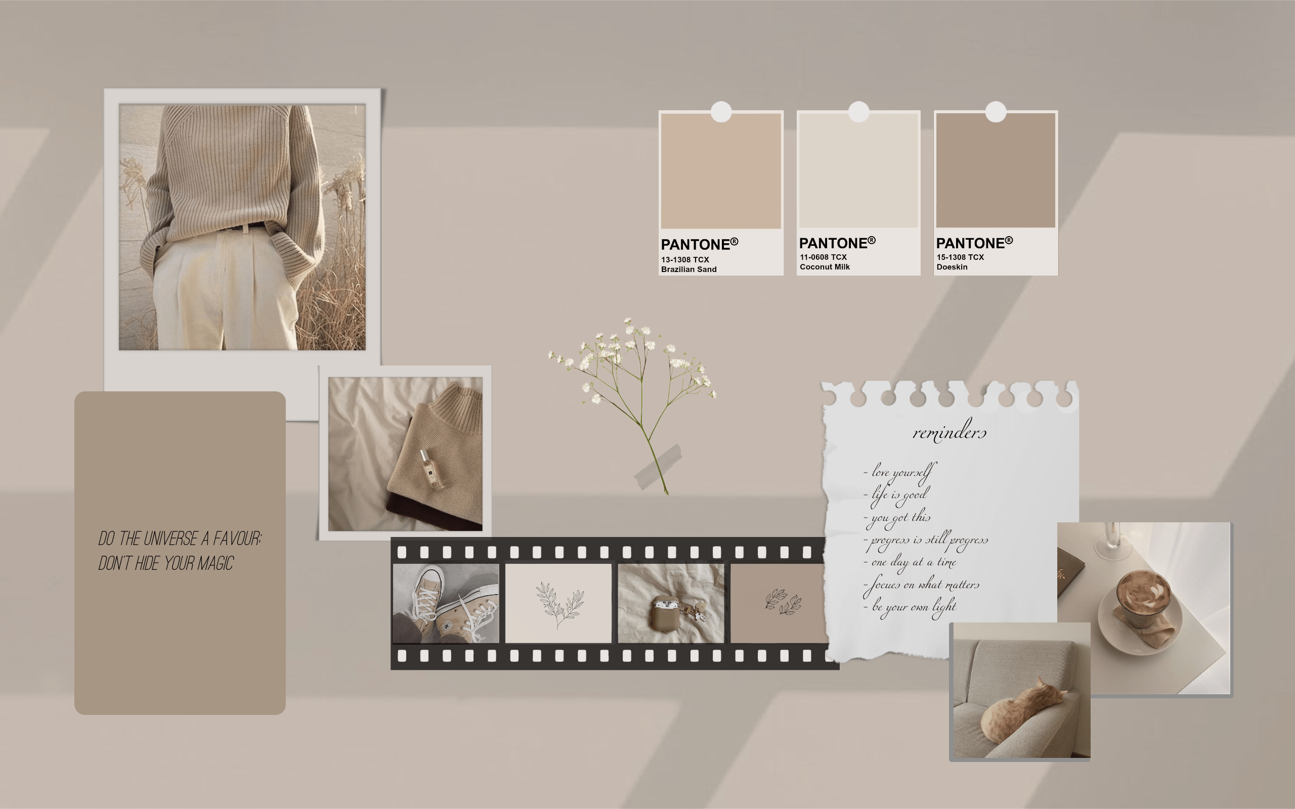 A mood board with Pantone colors and photos of neutral tones. - Beige, minimalist beige